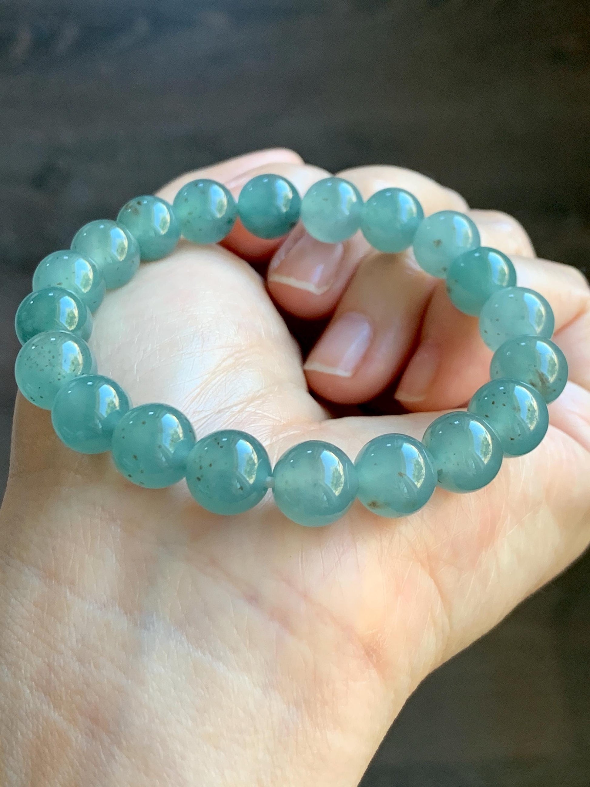Natural Grade A Guatemalan Icy Translucent Teal Blue Brown Marbled Jade Jadeite Beaded Bracelet Stretchy 9.5mm 7.25” 31g 天然冰危蓝撒金翡翠圆珠手串WSJ550
