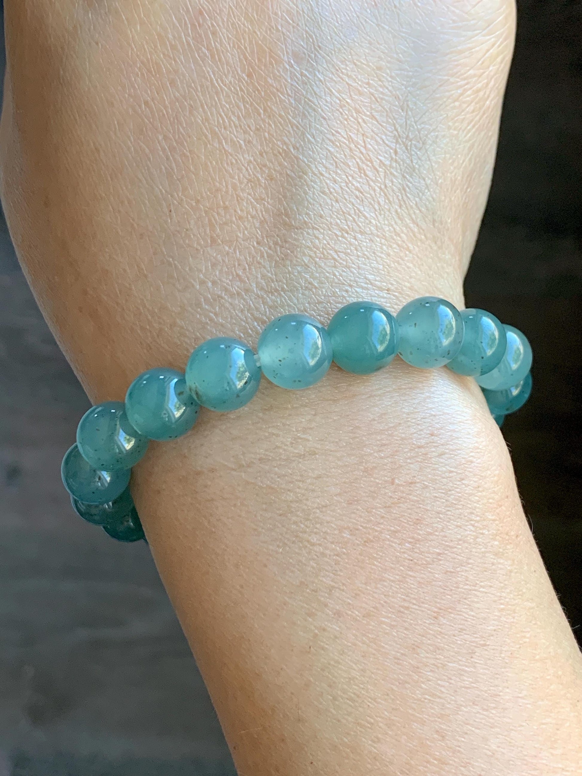 Natural Grade A Guatemalan Icy Translucent Teal Blue Brown Marbled Jade Jadeite Beaded Bracelet Stretchy 9.5mm 7.25” 31g 天然冰危蓝撒金翡翠圆珠手串WSJ550