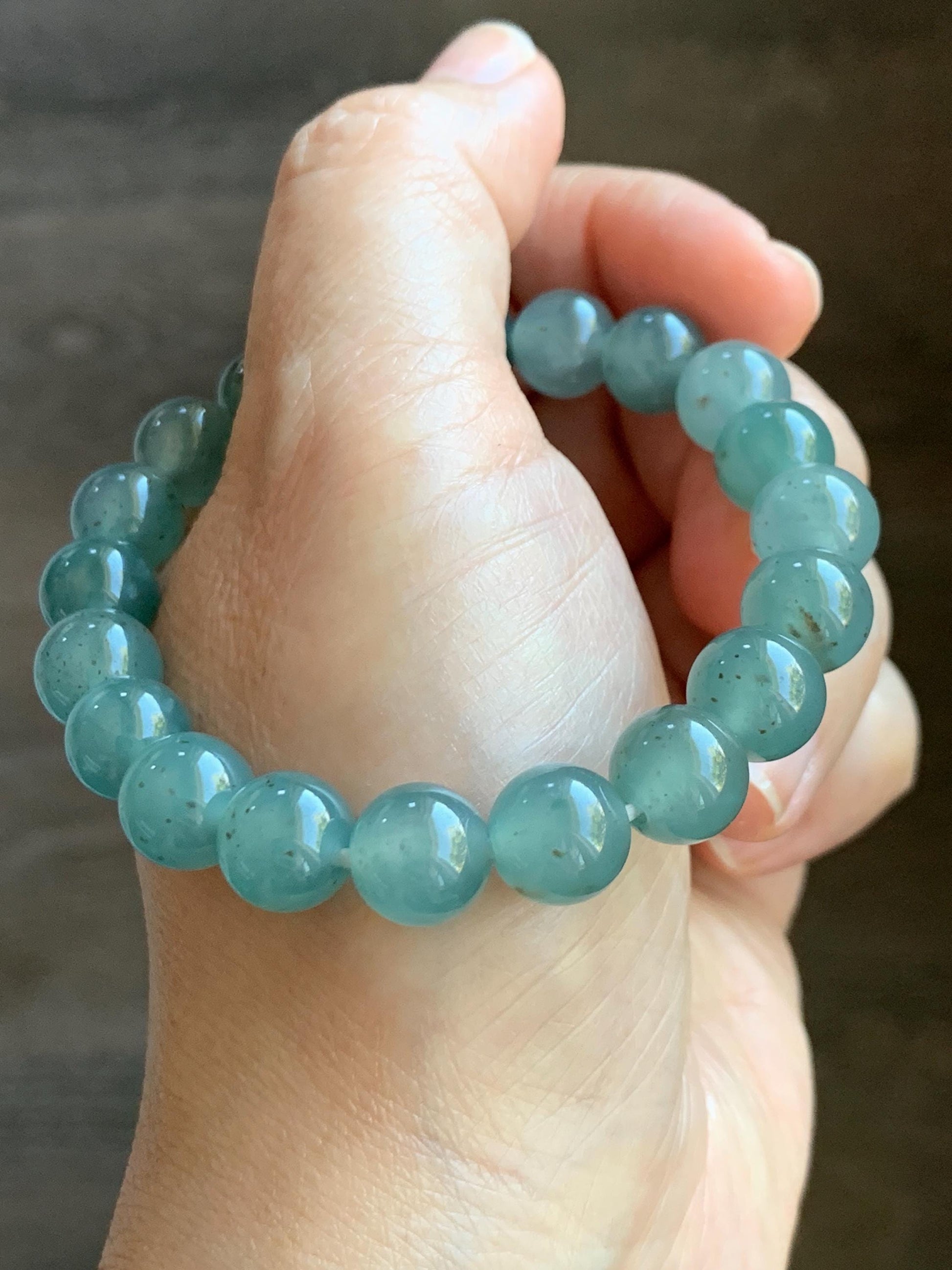 Natural Grade A Guatemalan Icy Translucent Teal Blue Brown Marbled Jade Jadeite Beaded Bracelet Stretchy 9.5mm 7.25” 31g 天然冰危蓝撒金翡翠圆珠手串WSJ550