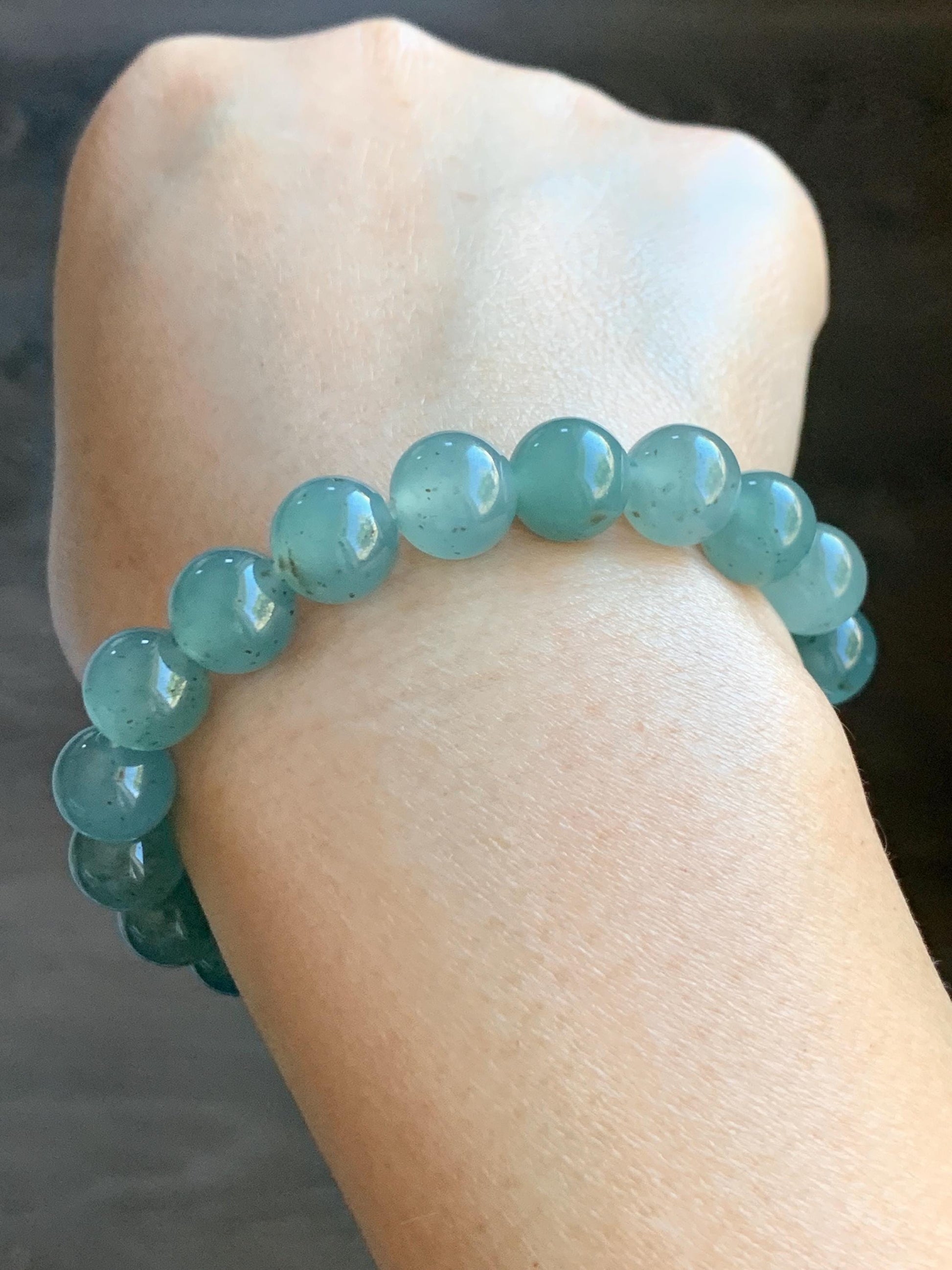 Natural Grade A Guatemalan Icy Translucent Teal Blue Brown Marbled Jade Jadeite Beaded Bracelet Stretchy 9.5mm 7.25” 31g 天然冰危蓝撒金翡翠圆珠手串WSJ550