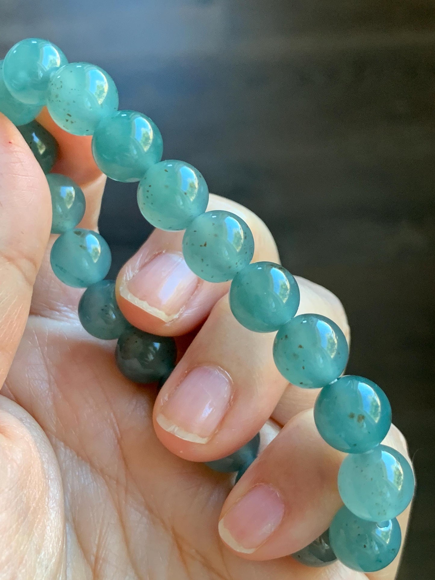 Natural Grade A Guatemalan Icy Translucent Teal Blue Brown Marbled Jade Jadeite Beaded Bracelet Stretchy 9.5mm 7.25” 31g 天然冰危蓝撒金翡翠圆珠手串WSJ550