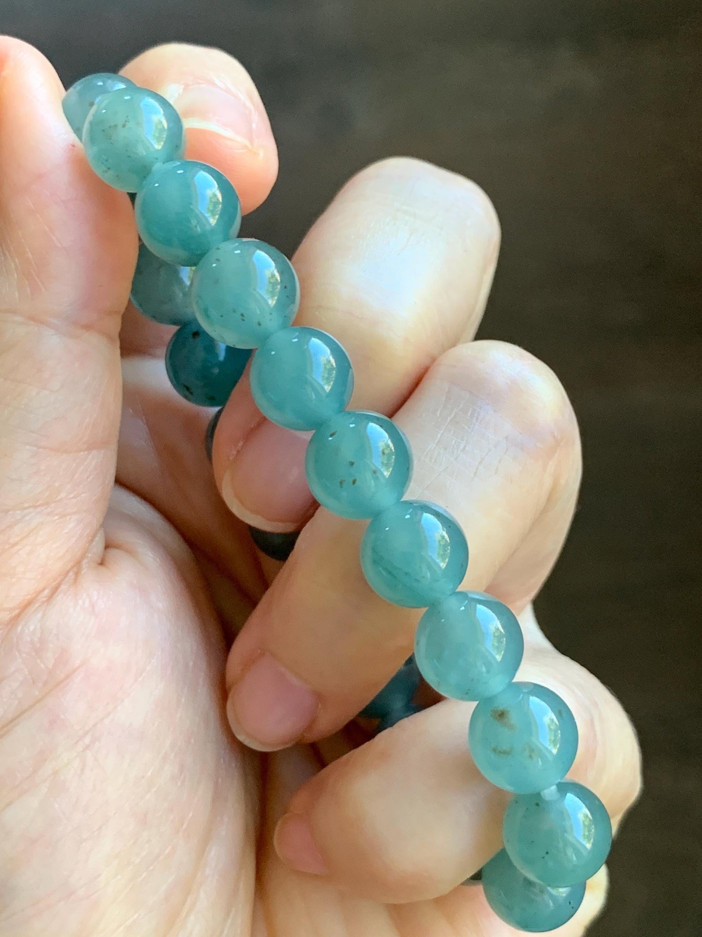 Natural Grade A Guatemalan Icy Translucent Teal Blue Brown Marbled Jade Jadeite Beaded Bracelet Stretchy 9.5mm 7.25” 31g 天然冰危蓝撒金翡翠圆珠手串WSJ550