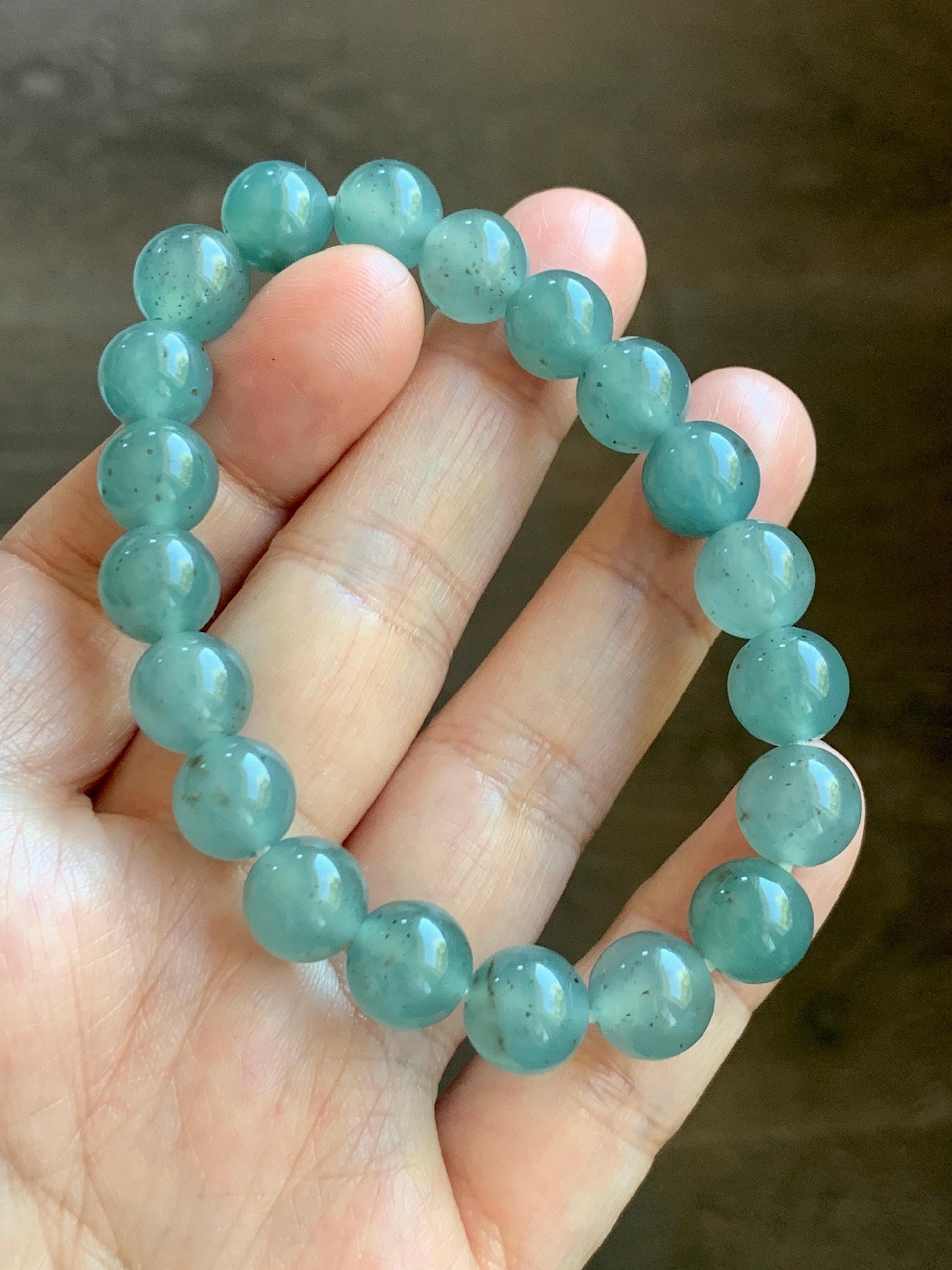Natural Grade A Guatemalan Icy Translucent Teal Blue Brown Marbled Jade Jadeite Beaded Bracelet Stretchy 9.5mm 7.25” 31g 天然冰危蓝撒金翡翠圆珠手串WSJ550