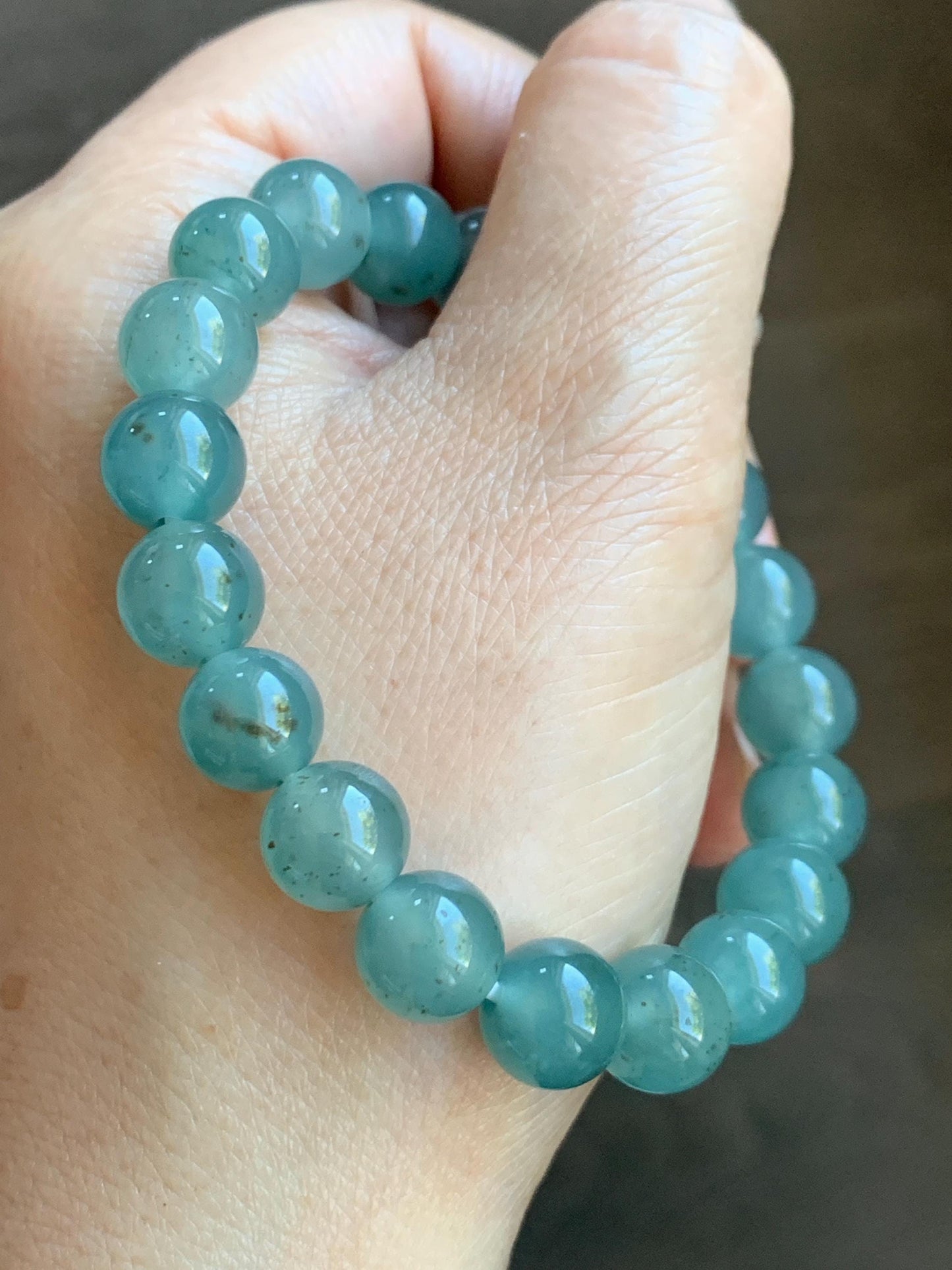 Natural Grade A Guatemalan Icy Translucent Teal Blue Brown Marbled Jade Jadeite Beaded Bracelet Stretchy 9.5mm 7.25” 31g 天然冰危蓝撒金翡翠圆珠手串WSJ550