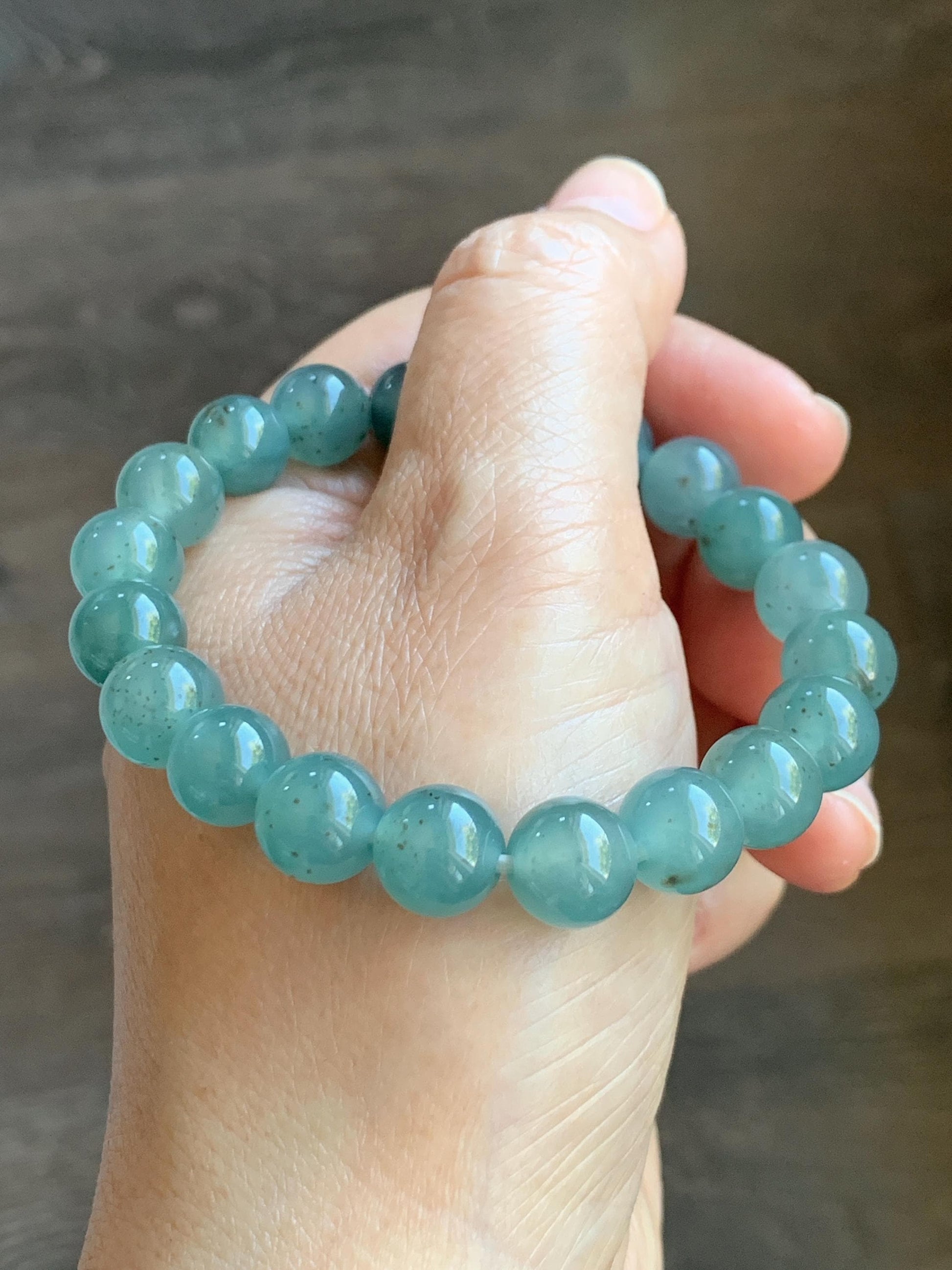 Natural Grade A Guatemalan Icy Translucent Teal Blue Brown Marbled Jade Jadeite Beaded Bracelet Stretchy 9.5mm 7.25” 31g 天然冰危蓝撒金翡翠圆珠手串WSJ550