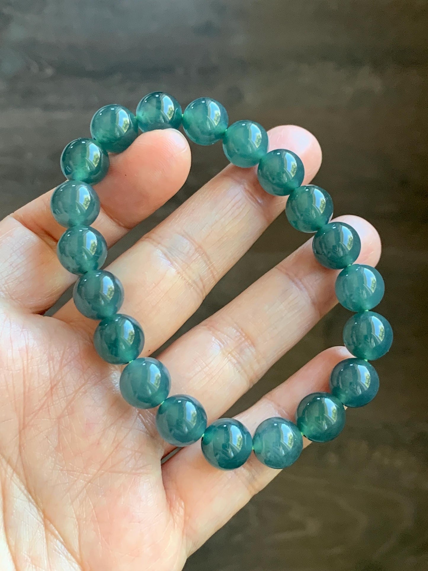 Natural Grade A Guatemalan Icy Highly Translucent Dark Teal Blue Jade Jadeite Beaded Bracelet Stretchy 9.9mm 7.5” 34g 天然冰危深蓝翡翠圆珠手串 WSB550