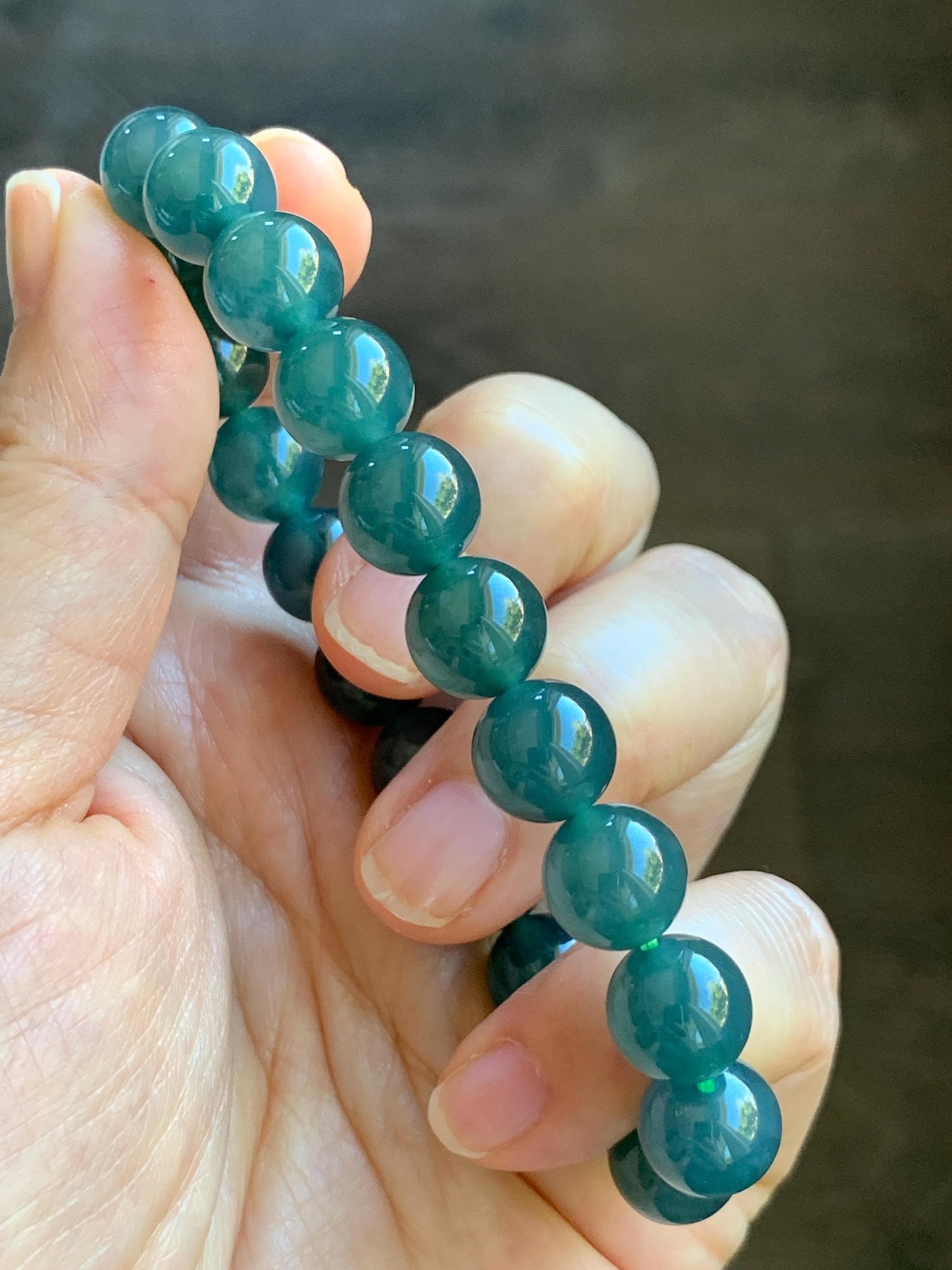 Natural Grade A Guatemalan Icy Highly Translucent Dark Teal Blue Jade Jadeite Beaded Bracelet Stretchy 9.9mm 7.5” 34g 天然冰危深蓝翡翠圆珠手串 WSB550