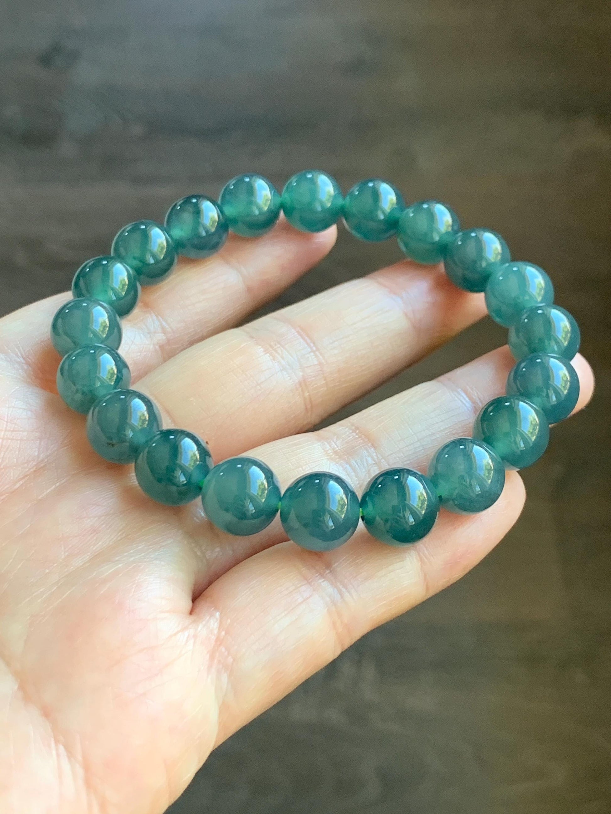 Natural Grade A Guatemalan Icy Highly Translucent Dark Teal Blue Jade Jadeite Beaded Bracelet Stretchy 9.9mm 7.5” 34g 天然冰危深蓝翡翠圆珠手串 WSB550