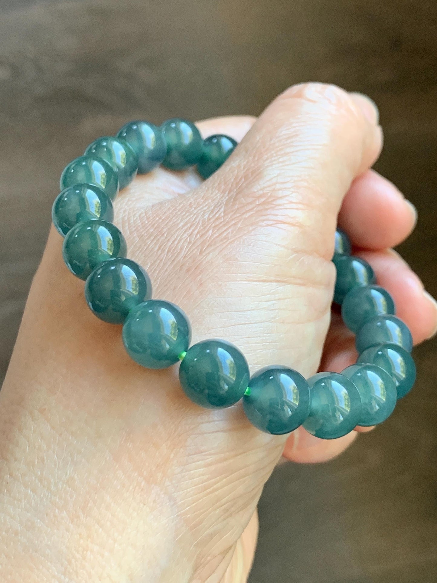 Natural Grade A Guatemalan Icy Highly Translucent Dark Teal Blue Jade Jadeite Beaded Bracelet Stretchy 9.9mm 7.5” 34g 天然冰危深蓝翡翠圆珠手串 WSB550