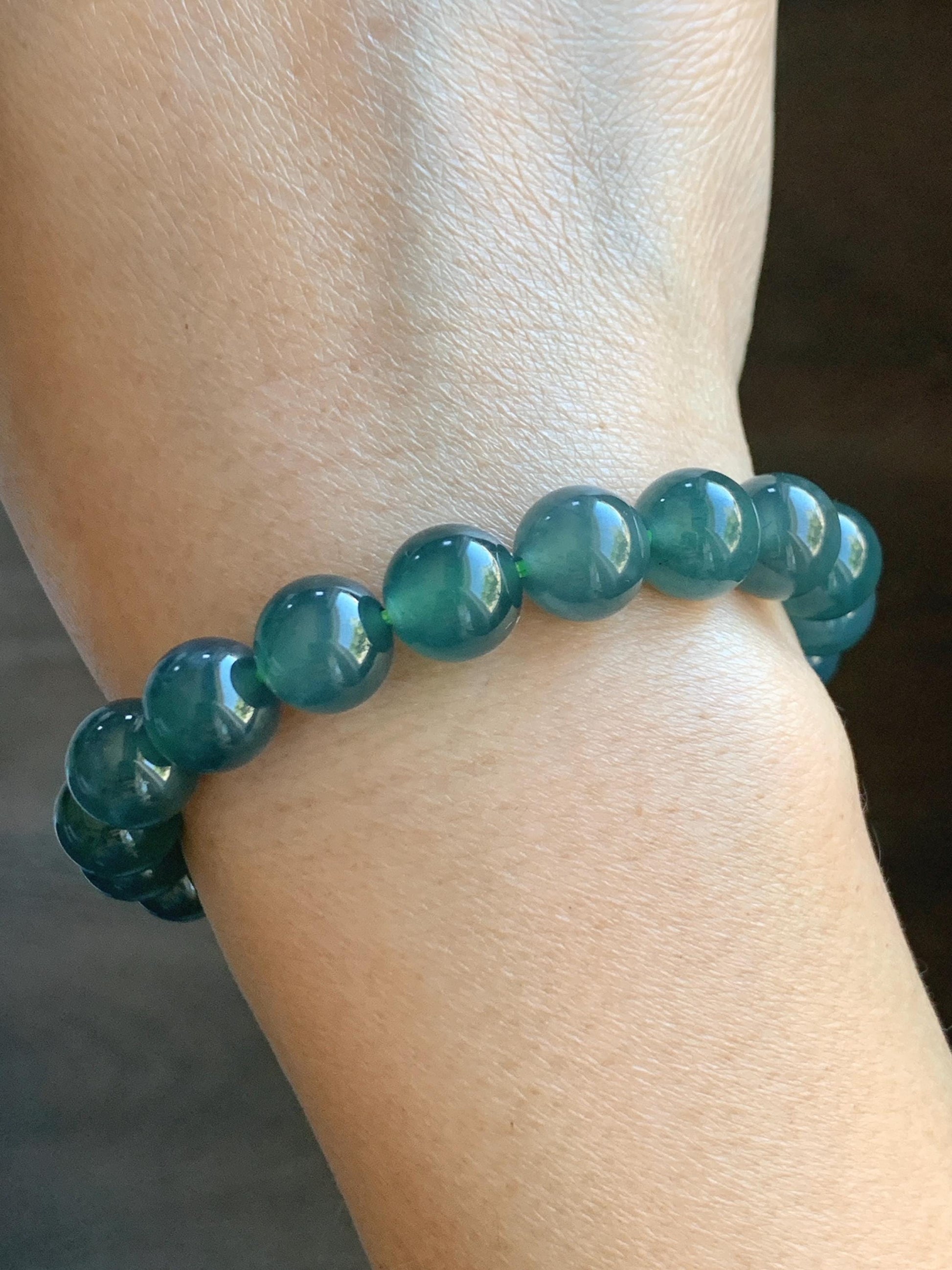 Natural Grade A Guatemalan Icy Highly Translucent Dark Teal Blue Jade Jadeite Beaded Bracelet Stretchy 9.9mm 7.5” 34g 天然冰危深蓝翡翠圆珠手串 WSB550
