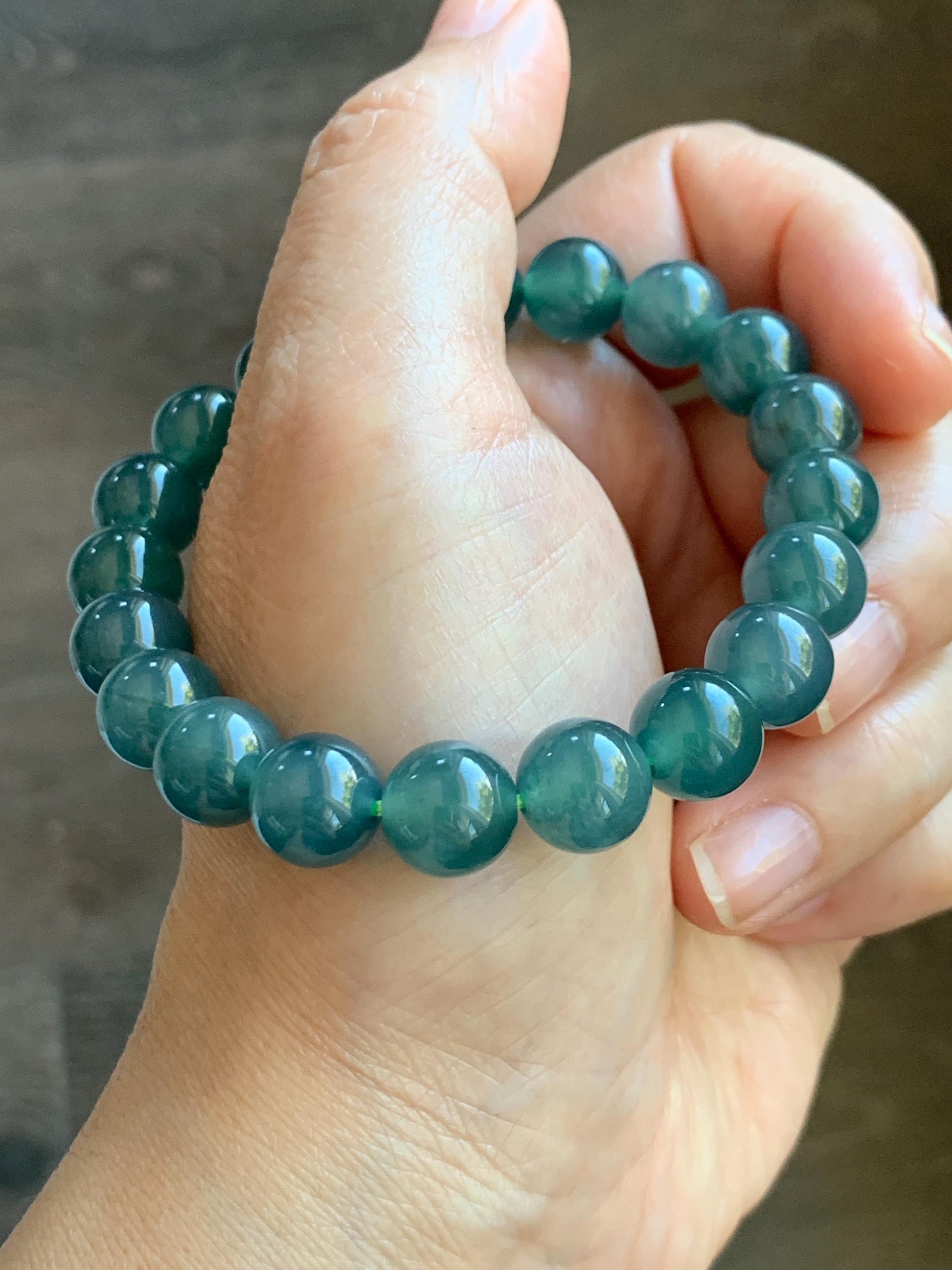 Natural Grade A Guatemalan Icy Highly Translucent Dark Teal Blue Jade Jadeite Beaded Bracelet Stretchy 9.9mm 7.5” 34g 天然冰危深蓝翡翠圆珠手串 WSB550