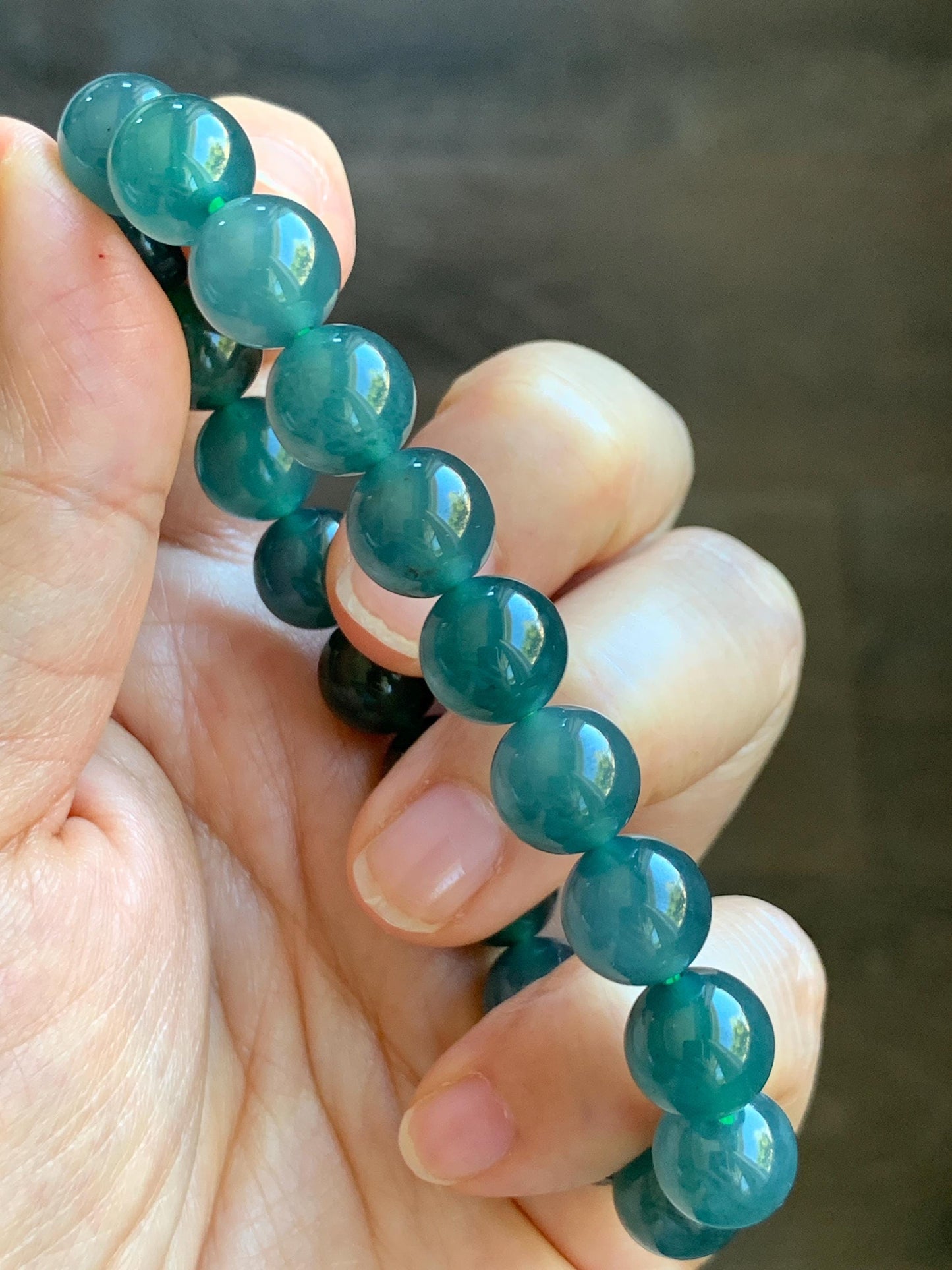 Natural Grade A Guatemalan Icy Highly Translucent Dark Teal Blue Jade Jadeite Beaded Bracelet Stretchy 9.9mm 7.5” 34g 天然冰危深蓝翡翠圆珠手串 WSB550
