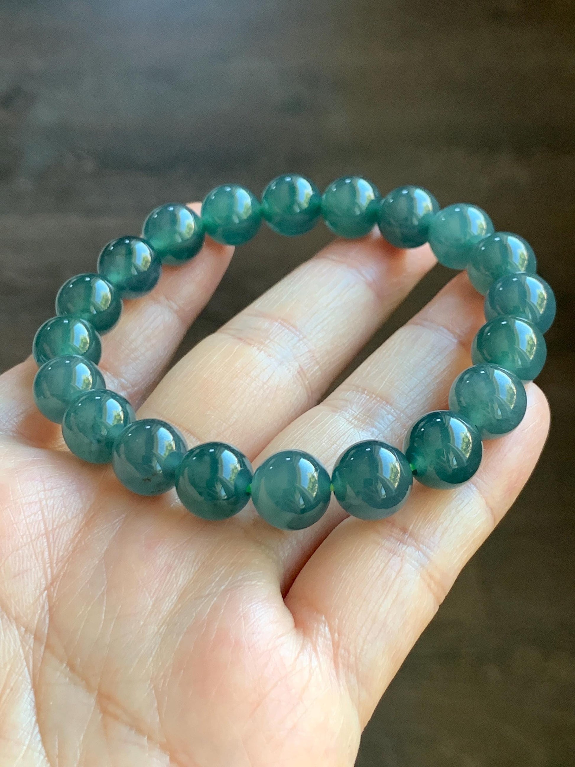 Natural Grade A Guatemalan Icy Highly Translucent Dark Teal Blue Jade Jadeite Beaded Bracelet Stretchy 9.9mm 7.5” 34g 天然冰危深蓝翡翠圆珠手串 WSB550