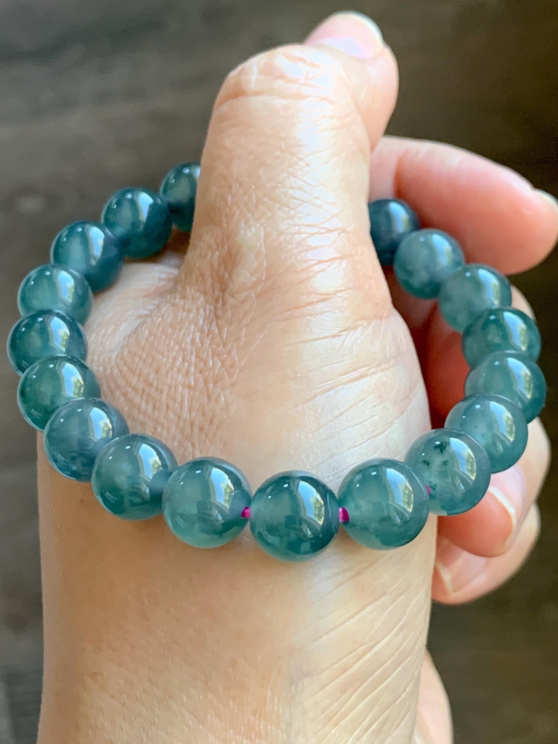 Natural Grade A Guatemalan Icy Highly Translucent Dark Teal Blue Jade Jadeite Beaded Bracelet Stretchy 9.3-9.6mm 7” 28g 天然冰危深蓝翡翠圆珠手串 WFS550