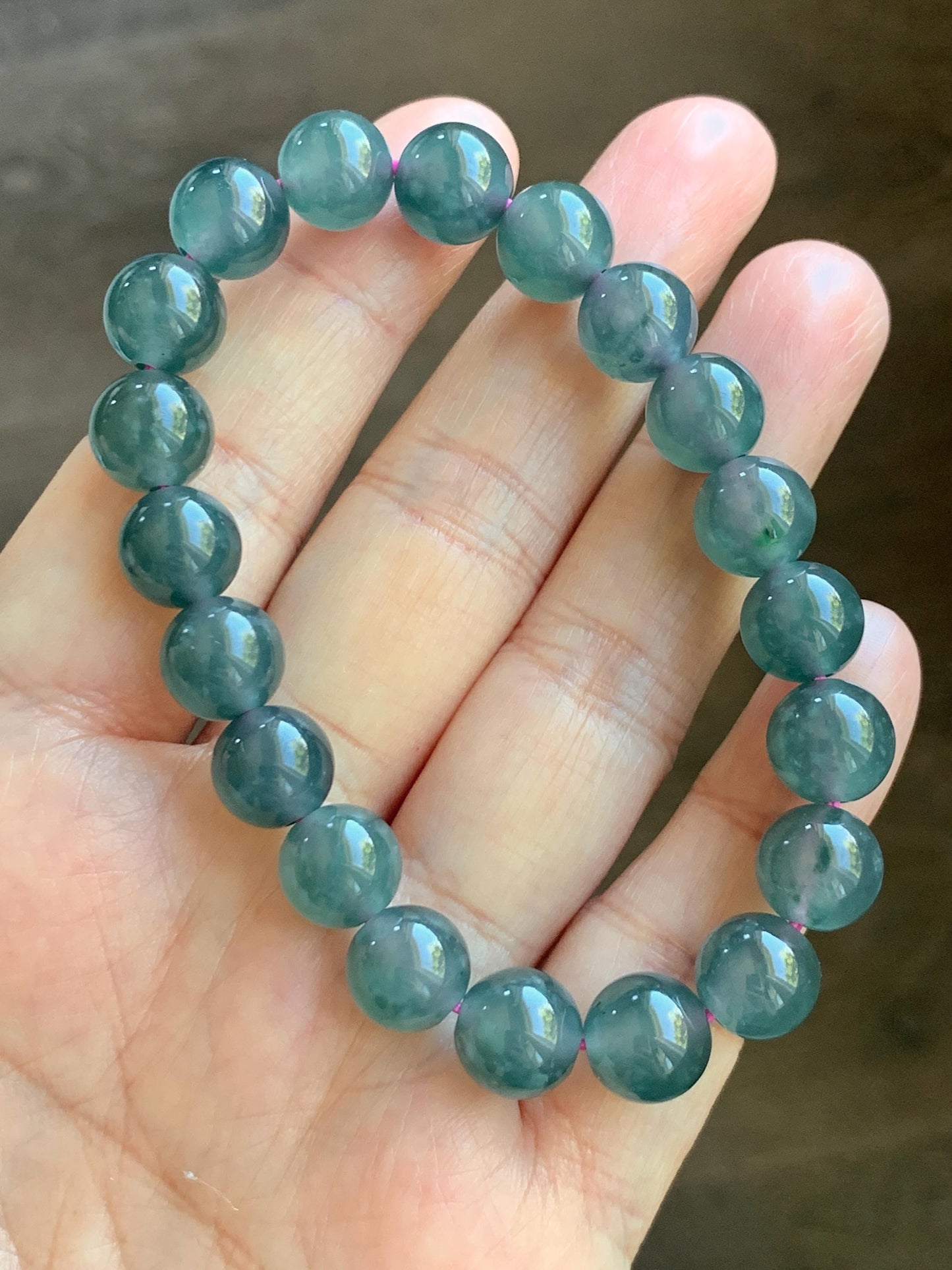 Natural Grade A Guatemalan Icy Highly Translucent Dark Teal Blue Jade Jadeite Beaded Bracelet Stretchy 9.3-9.6mm 7” 28g 天然冰危深蓝翡翠圆珠手串 WFS550