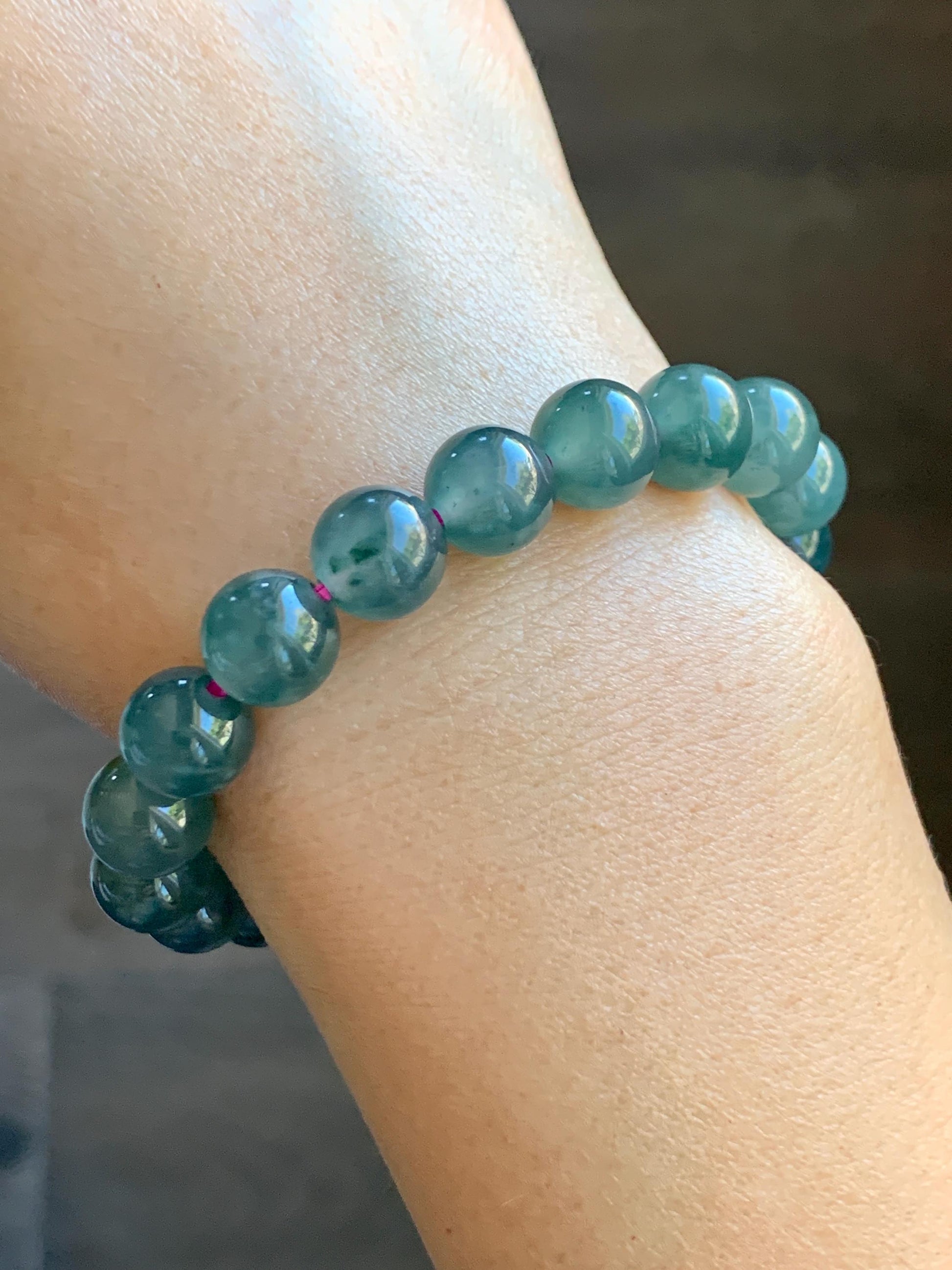 Natural Grade A Guatemalan Icy Highly Translucent Dark Teal Blue Jade Jadeite Beaded Bracelet Stretchy 9.3-9.6mm 7” 28g 天然冰危深蓝翡翠圆珠手串 WFS550