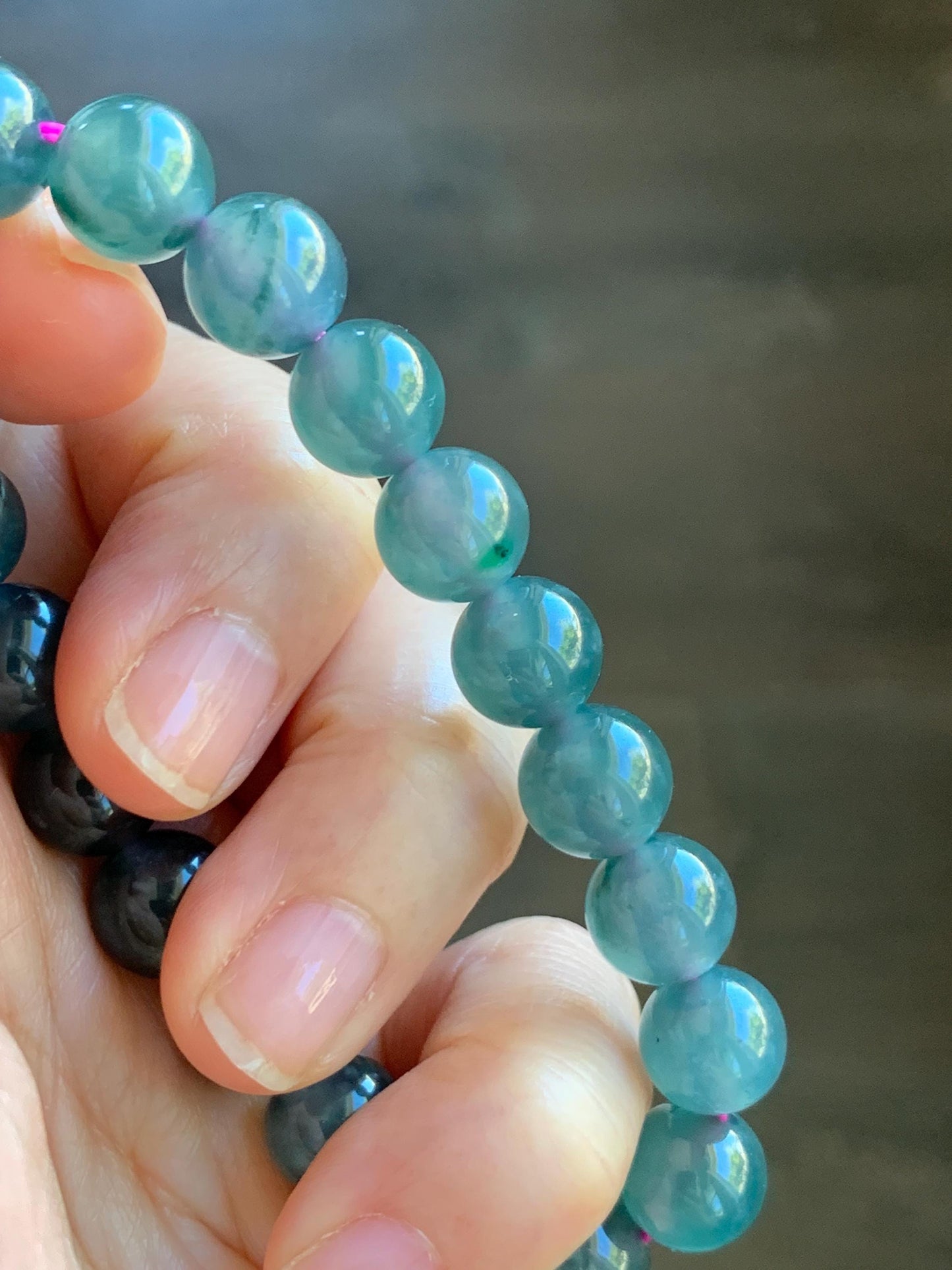 Natural Grade A Guatemalan Icy Highly Translucent Dark Teal Blue Jade Jadeite Beaded Bracelet Stretchy 9.3-9.6mm 7” 28g 天然冰危深蓝翡翠圆珠手串 WFS550