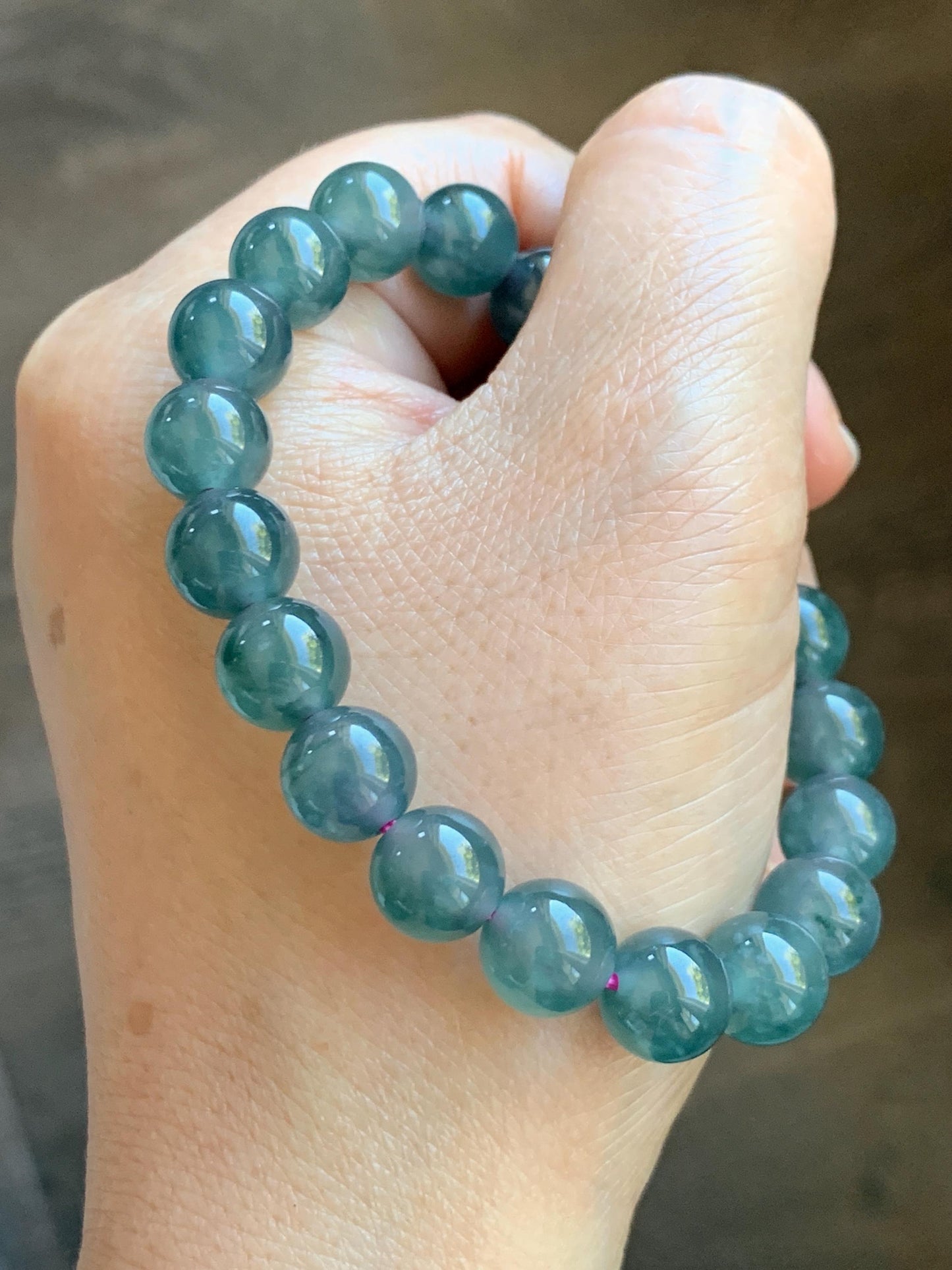 Natural Grade A Guatemalan Icy Highly Translucent Dark Teal Blue Jade Jadeite Beaded Bracelet Stretchy 9.3-9.6mm 7” 28g 天然冰危深蓝翡翠圆珠手串 WFS550