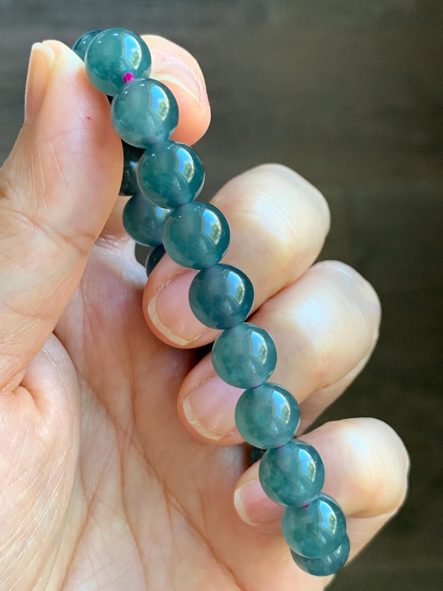 Natural Grade A Guatemalan Icy Highly Translucent Dark Teal Blue Jade Jadeite Beaded Bracelet Stretchy 9.3-9.6mm 7” 28g 天然冰危深蓝翡翠圆珠手串 WFS550