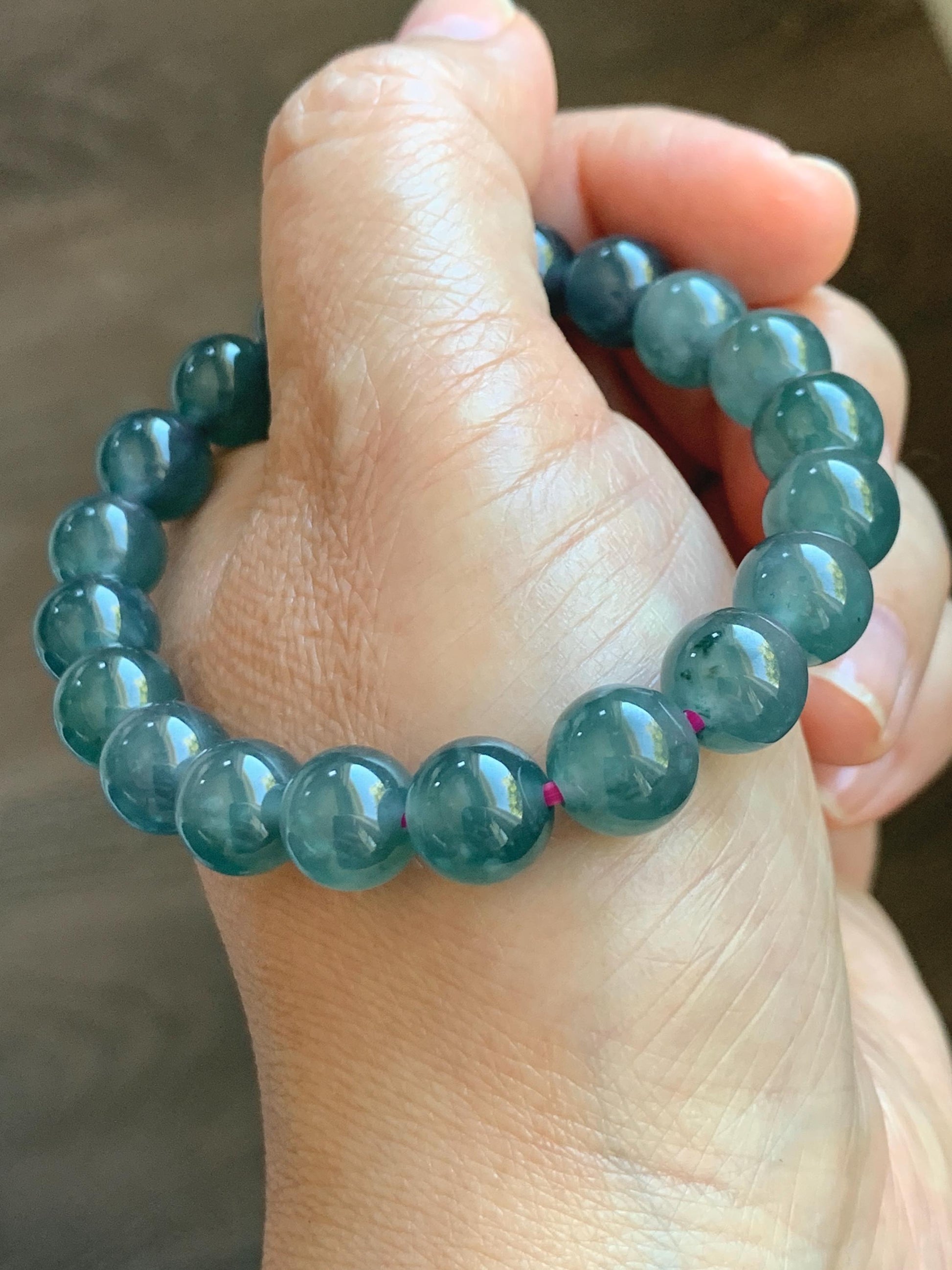 Natural Grade A Guatemalan Icy Highly Translucent Dark Teal Blue Jade Jadeite Beaded Bracelet Stretchy 9.3-9.6mm 7” 28g 天然冰危深蓝翡翠圆珠手串 WFS550