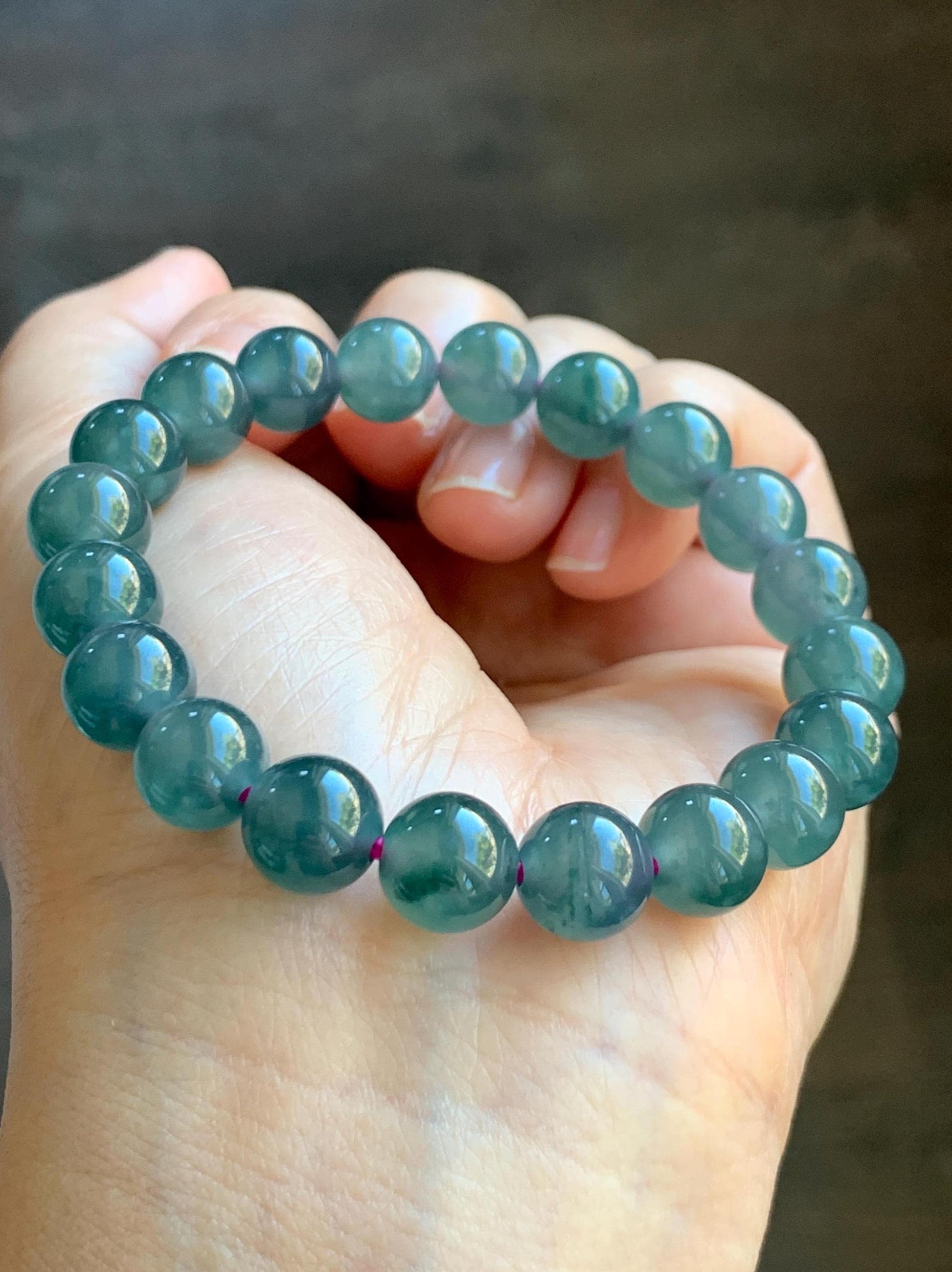 Natural Grade A Guatemalan Icy Highly Translucent Dark Teal Blue Jade Jadeite Beaded Bracelet Stretchy 9.3-9.6mm 7” 28g 天然冰危深蓝翡翠圆珠手串 WFS550