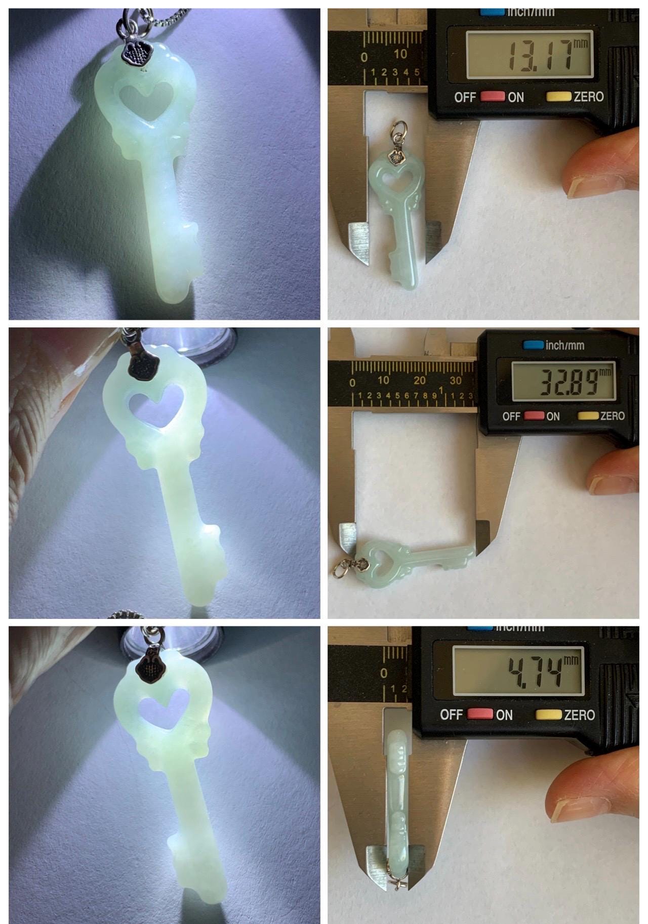 Natural Grade A Icy Translucent Icy Pale Green Jade Jadeite Carved Love Key Pendant Sterling Silver 3g 天然冰细糯淡晴底翡翠爱心钥匙银镶吊坠 MDS33