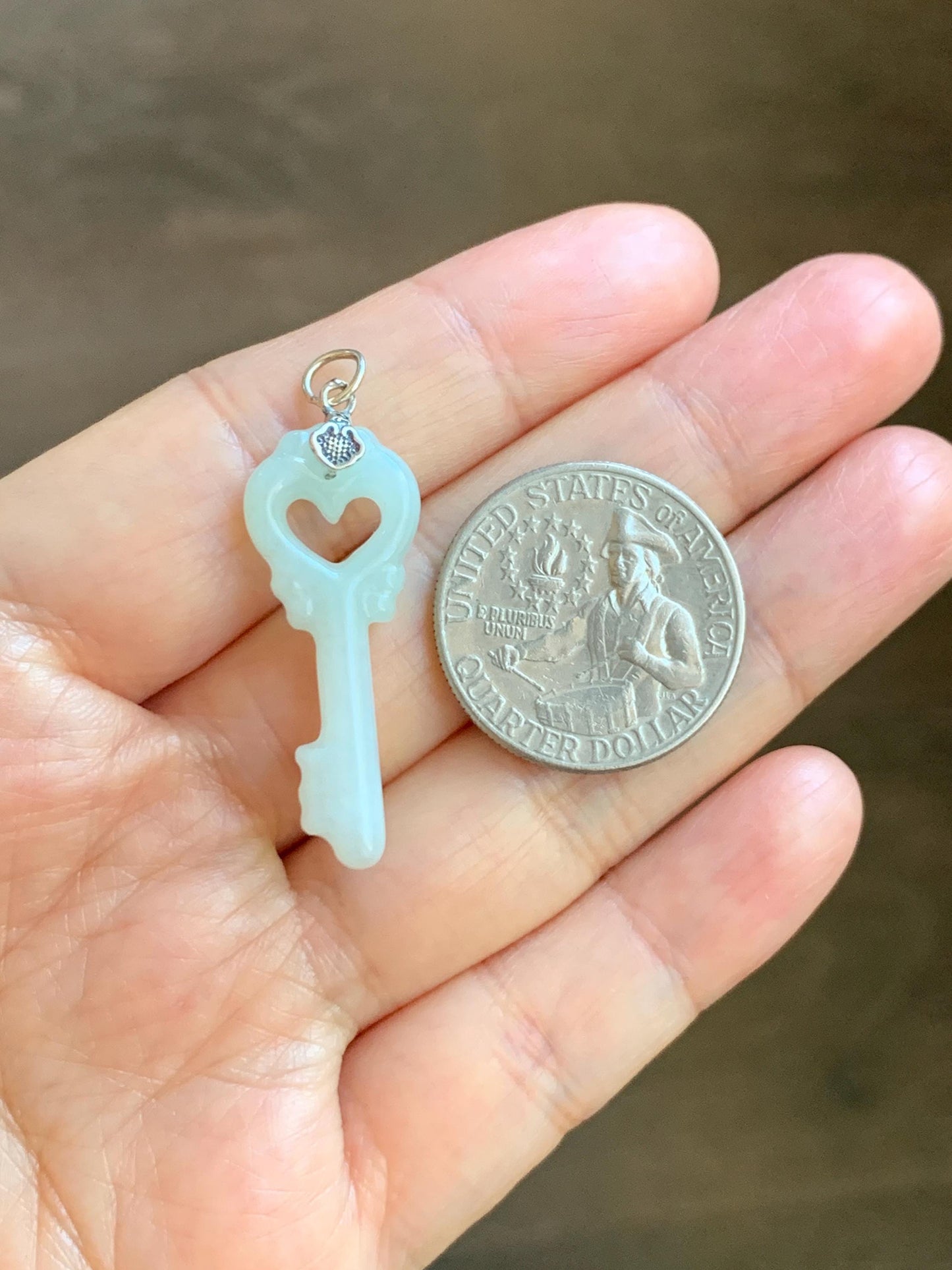 Natural Grade A Icy Translucent Icy Pale Green Jade Jadeite Carved Love Key Pendant Sterling Silver 3g 天然冰细糯淡晴底翡翠爱心钥匙银镶吊坠 MDS33