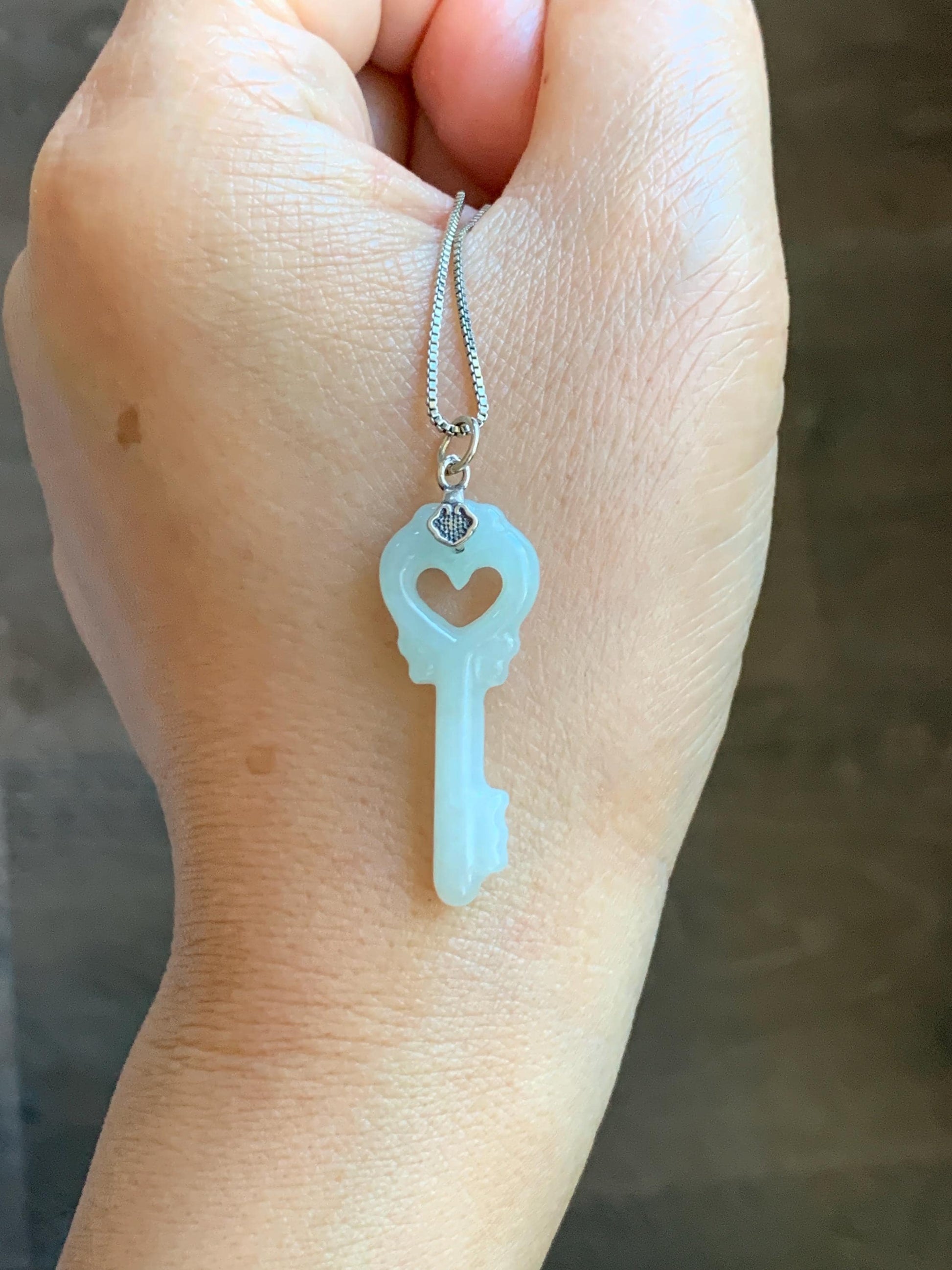 Natural Grade A Icy Translucent Icy Pale Green Jade Jadeite Carved Love Key Pendant Sterling Silver 3g 天然冰细糯淡晴底翡翠爱心钥匙银镶吊坠 MDS33