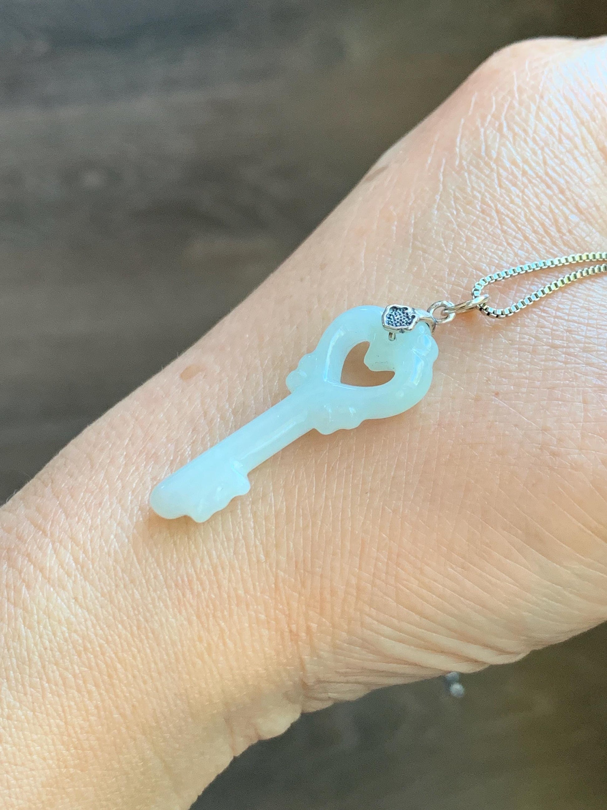 Natural Grade A Icy Translucent Icy Pale Green Jade Jadeite Carved Love Key Pendant Sterling Silver 3g 天然冰细糯淡晴底翡翠爱心钥匙银镶吊坠 MDS33
