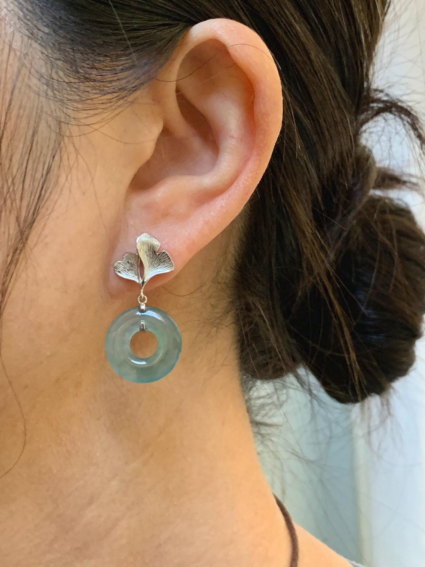 Natural Type A Guatemalan Icy Translucent Teal Green Jadeite Ping An Kou Donut Ginkgo Leaf Earrings Sterling Silver 天然冰危浅蓝绿翡翠平安扣银杏叶耳钉 WQU110