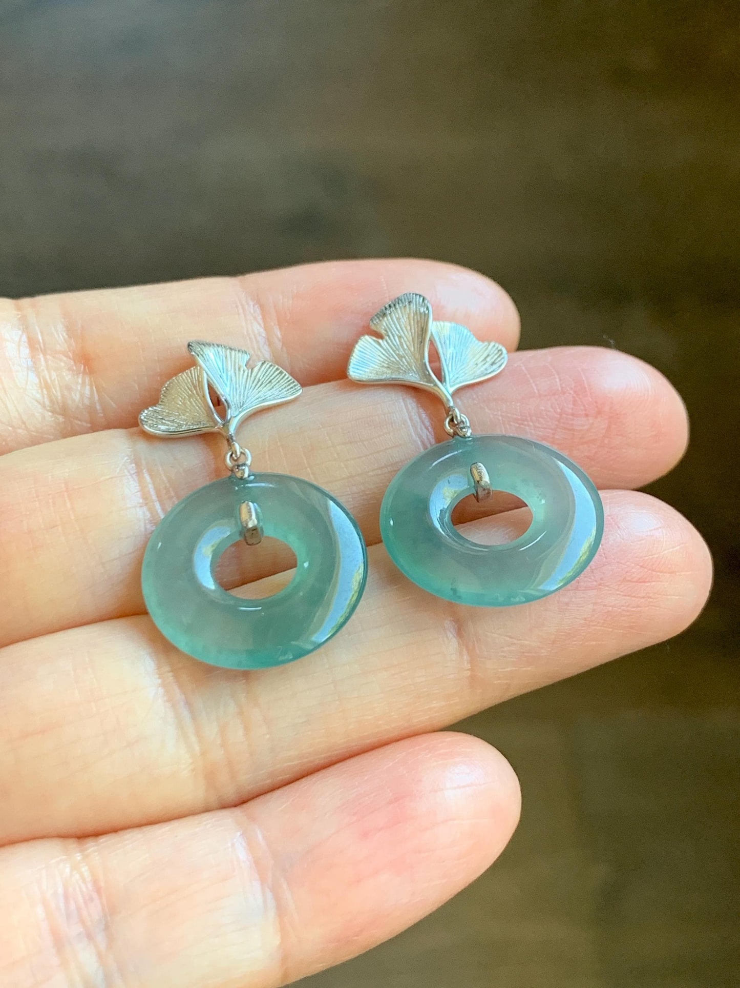 Natural Type A Guatemalan Icy Translucent Teal Green Jadeite Ping An Kou Donut Ginkgo Leaf Earrings Sterling Silver 天然冰危浅蓝绿翡翠平安扣银杏叶耳钉 WQU110