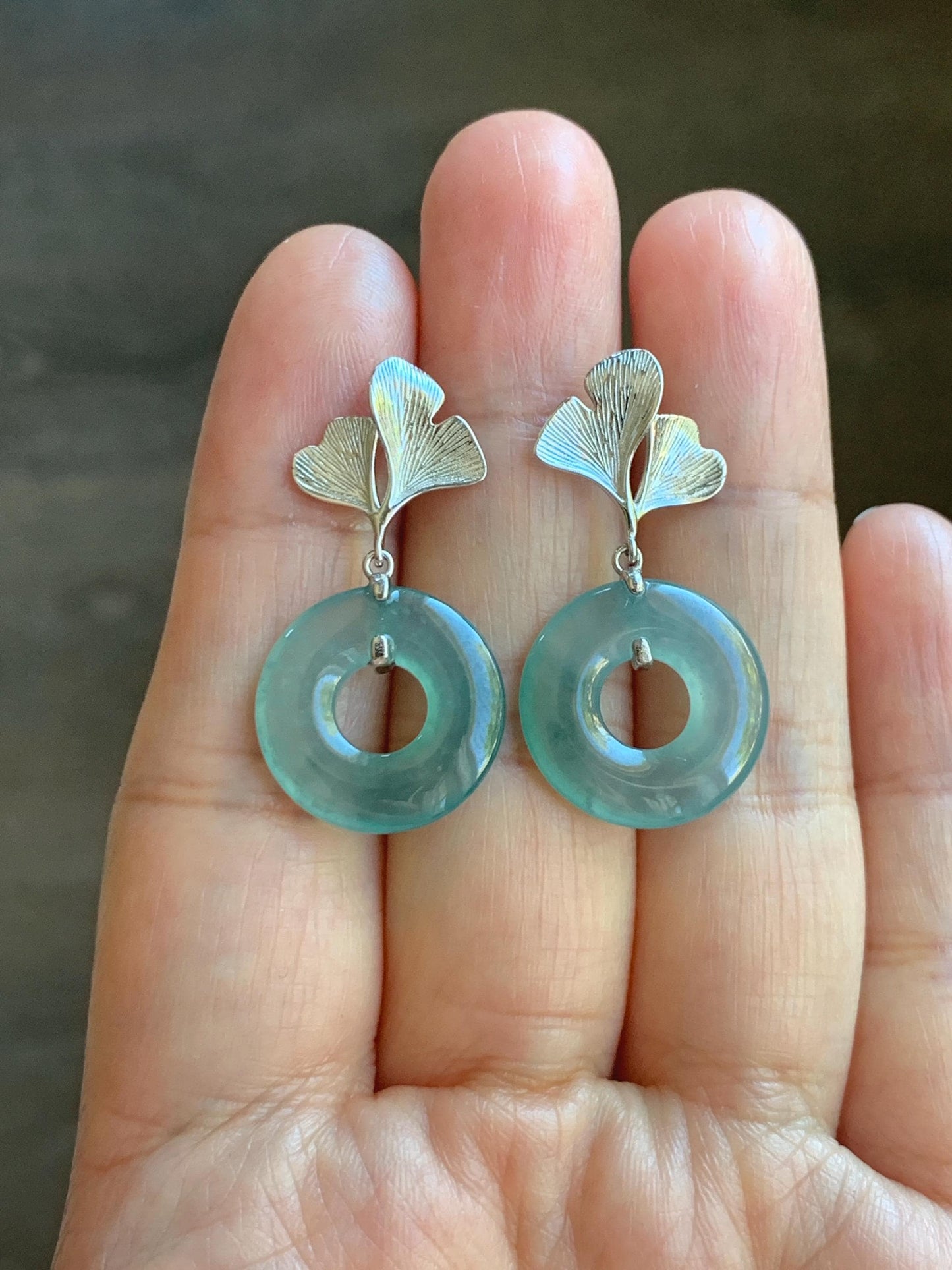 Natural Type A Guatemalan Icy Translucent Teal Green Jadeite Ping An Kou Donut Ginkgo Leaf Earrings Sterling Silver 天然冰危浅蓝绿翡翠平安扣银杏叶耳钉 WQU110