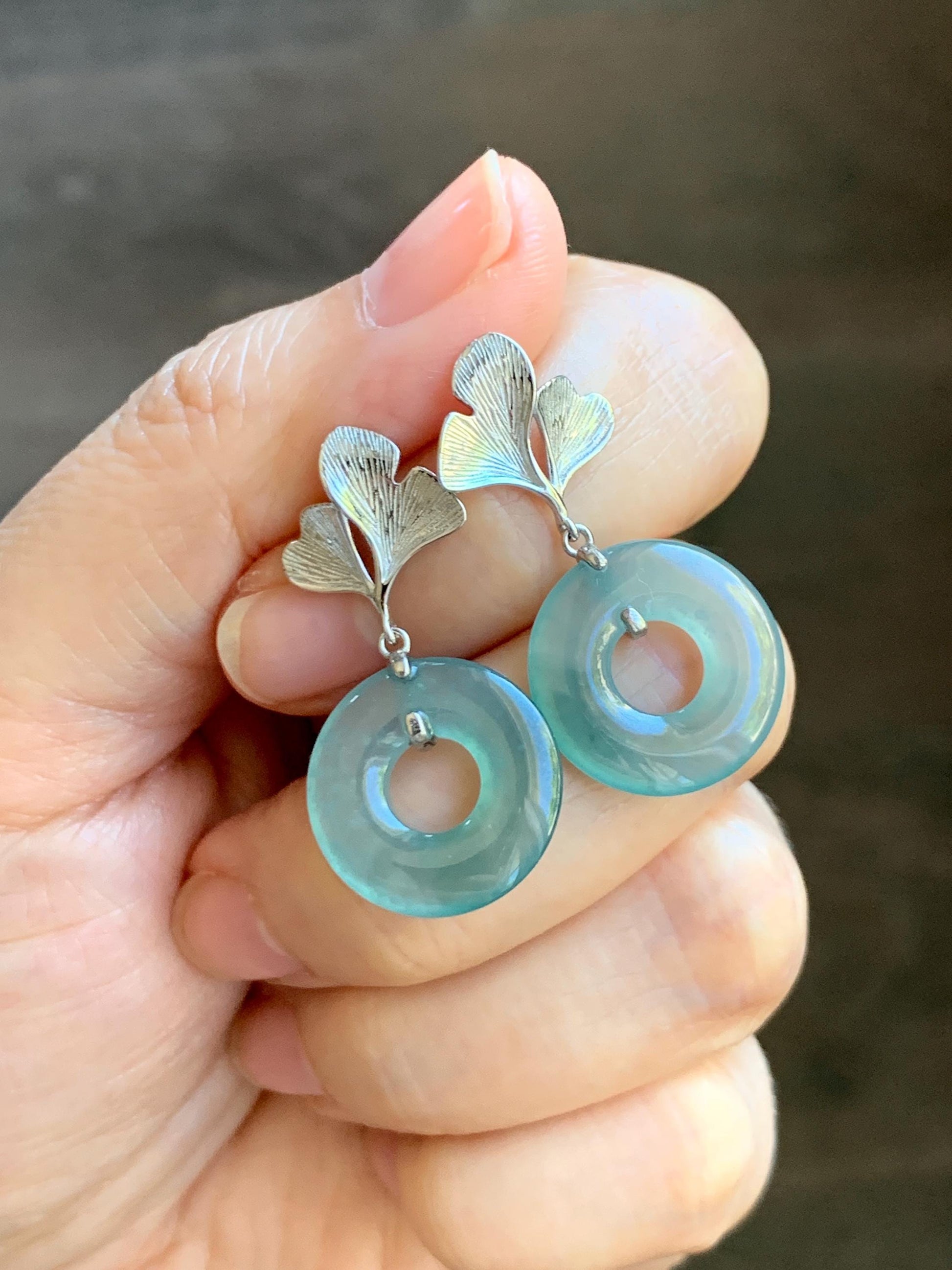 Natural Type A Guatemalan Icy Translucent Teal Green Jadeite Ping An Kou Donut Ginkgo Leaf Earrings Sterling Silver 天然冰危浅蓝绿翡翠平安扣银杏叶耳钉 WQU110