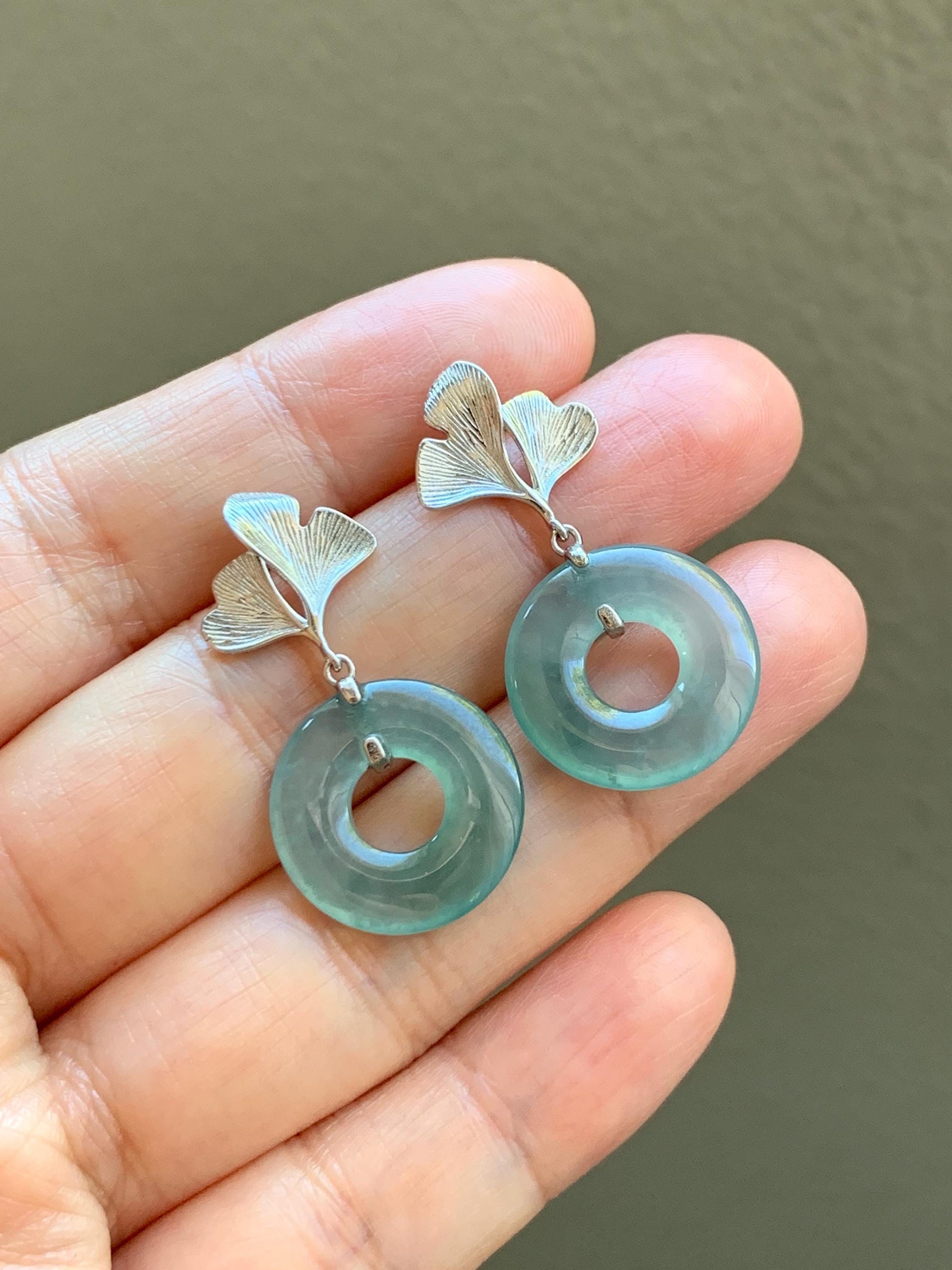 Natural Type A Guatemalan Icy Translucent Teal Green Jadeite Ping An Kou Donut Ginkgo Leaf Earrings Sterling Silver 天然冰危浅蓝绿翡翠平安扣银杏叶耳钉 WQU110