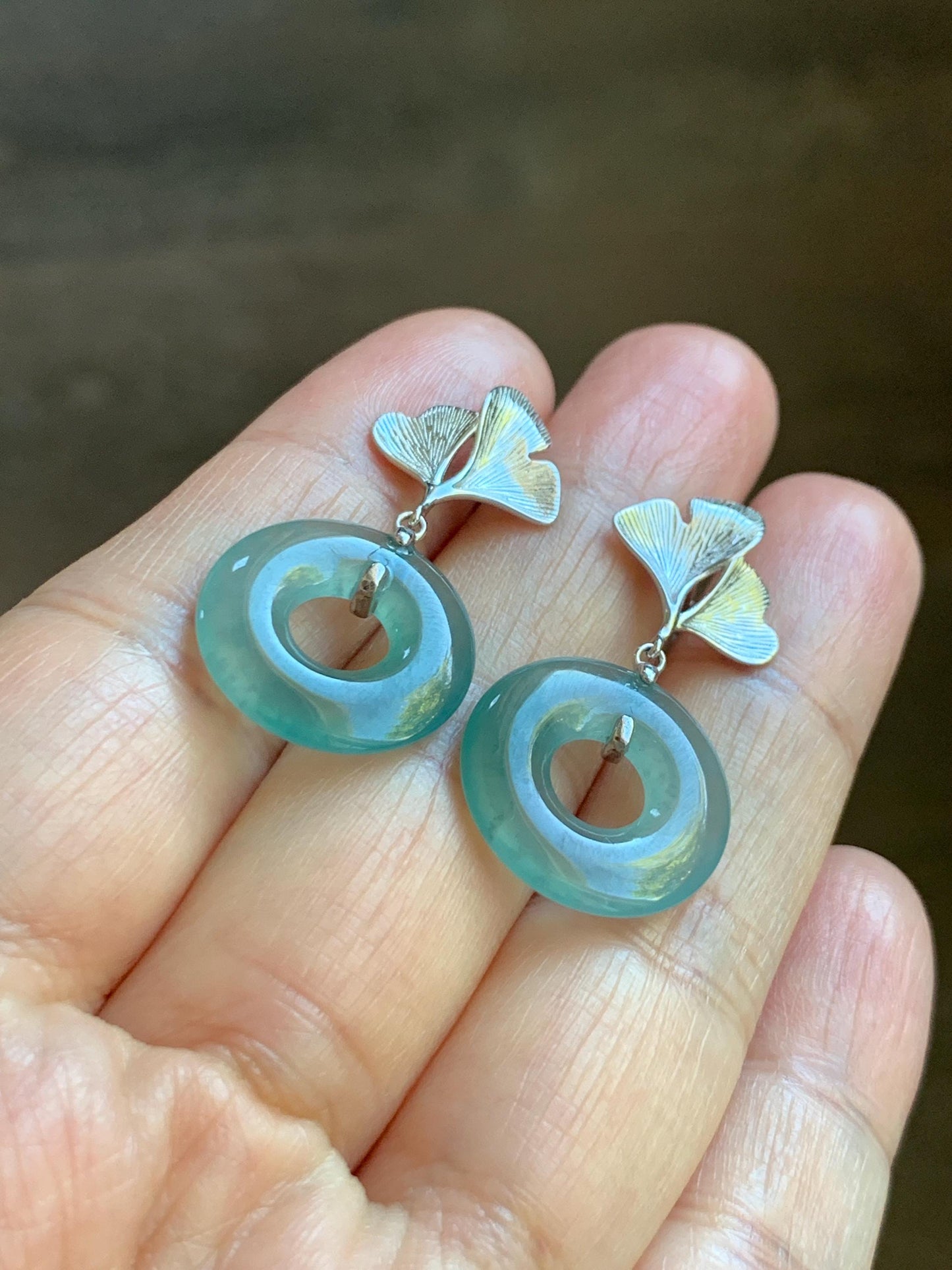 Natural Type A Guatemalan Icy Translucent Teal Green Jadeite Ping An Kou Donut Ginkgo Leaf Earrings Sterling Silver 天然冰危浅蓝绿翡翠平安扣银杏叶耳钉 WQU110