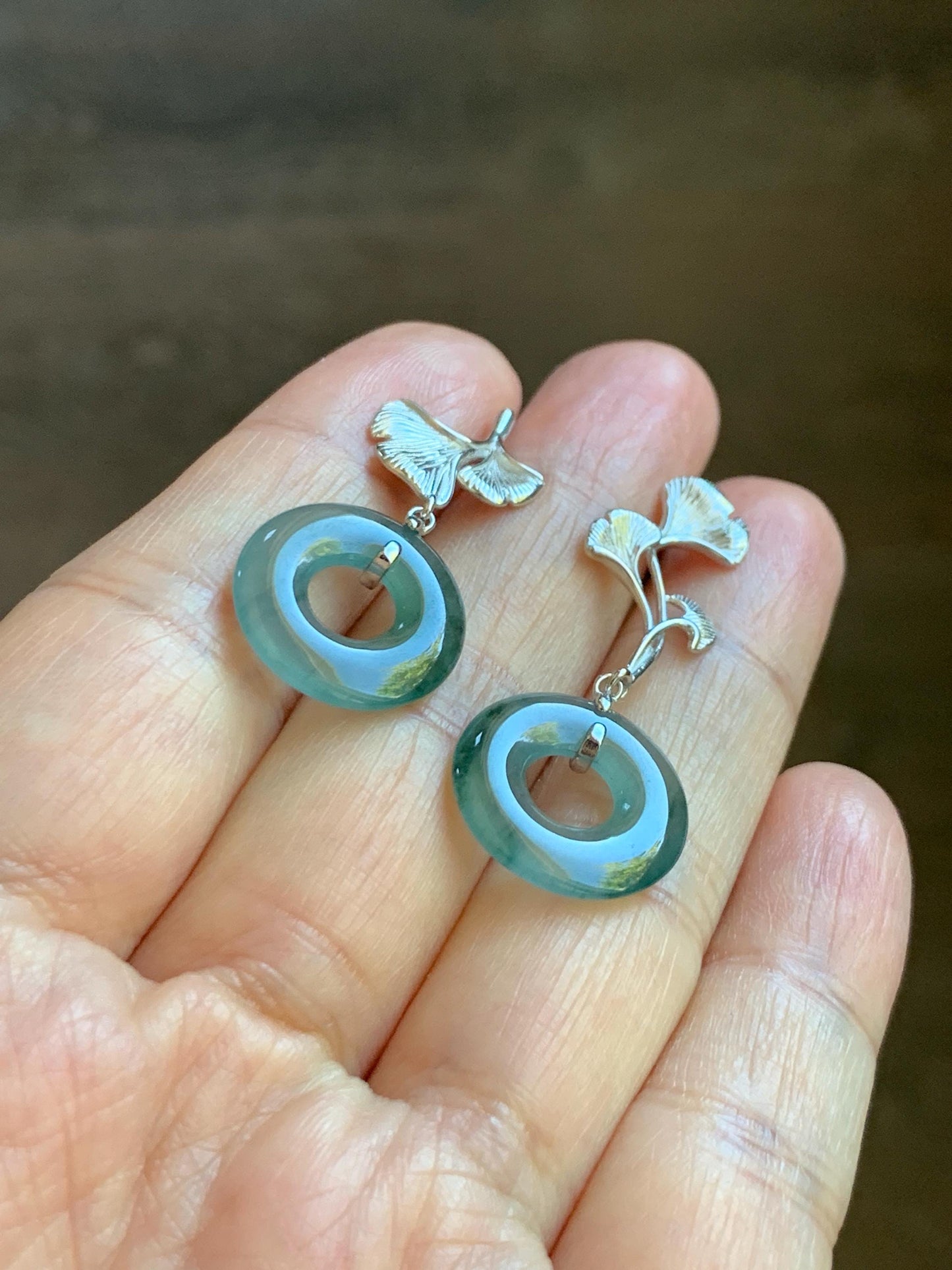 Natural Guatemalan Icy Translucent Light Teal Green Marbled Jadeite Ping An Kou Donut Stud Earrings Sterling Silver 天然冰危蓝绿翡翠平安扣银杏叶耳钉 WYX110A