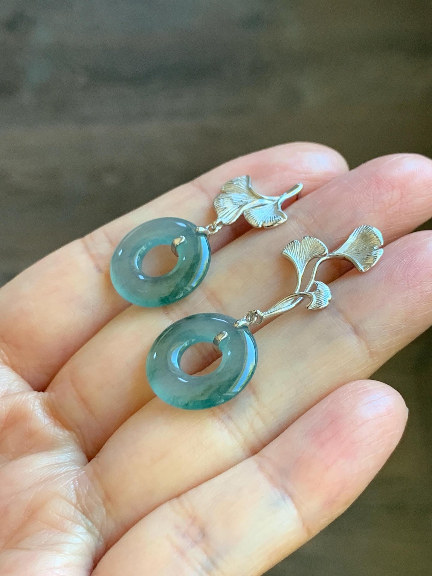 Natural Guatemalan Icy Translucent Light Teal Green Marbled Jadeite Ping An Kou Donut Stud Earrings Sterling Silver 天然冰危蓝绿翡翠平安扣银杏叶耳钉 WYX110A
