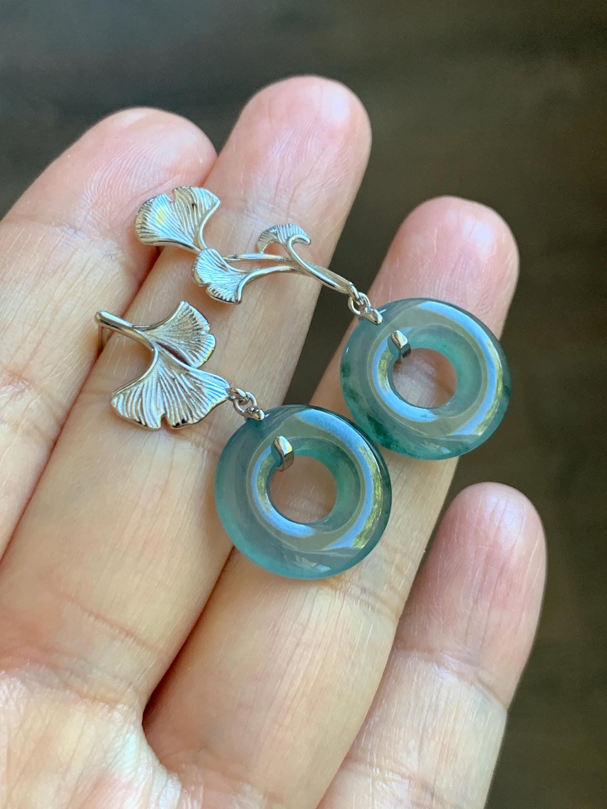 Natural Guatemalan Icy Translucent Light Teal Green Marbled Jadeite Ping An Kou Donut Stud Earrings Sterling Silver 天然冰危蓝绿翡翠平安扣银杏叶耳钉 WYX110A