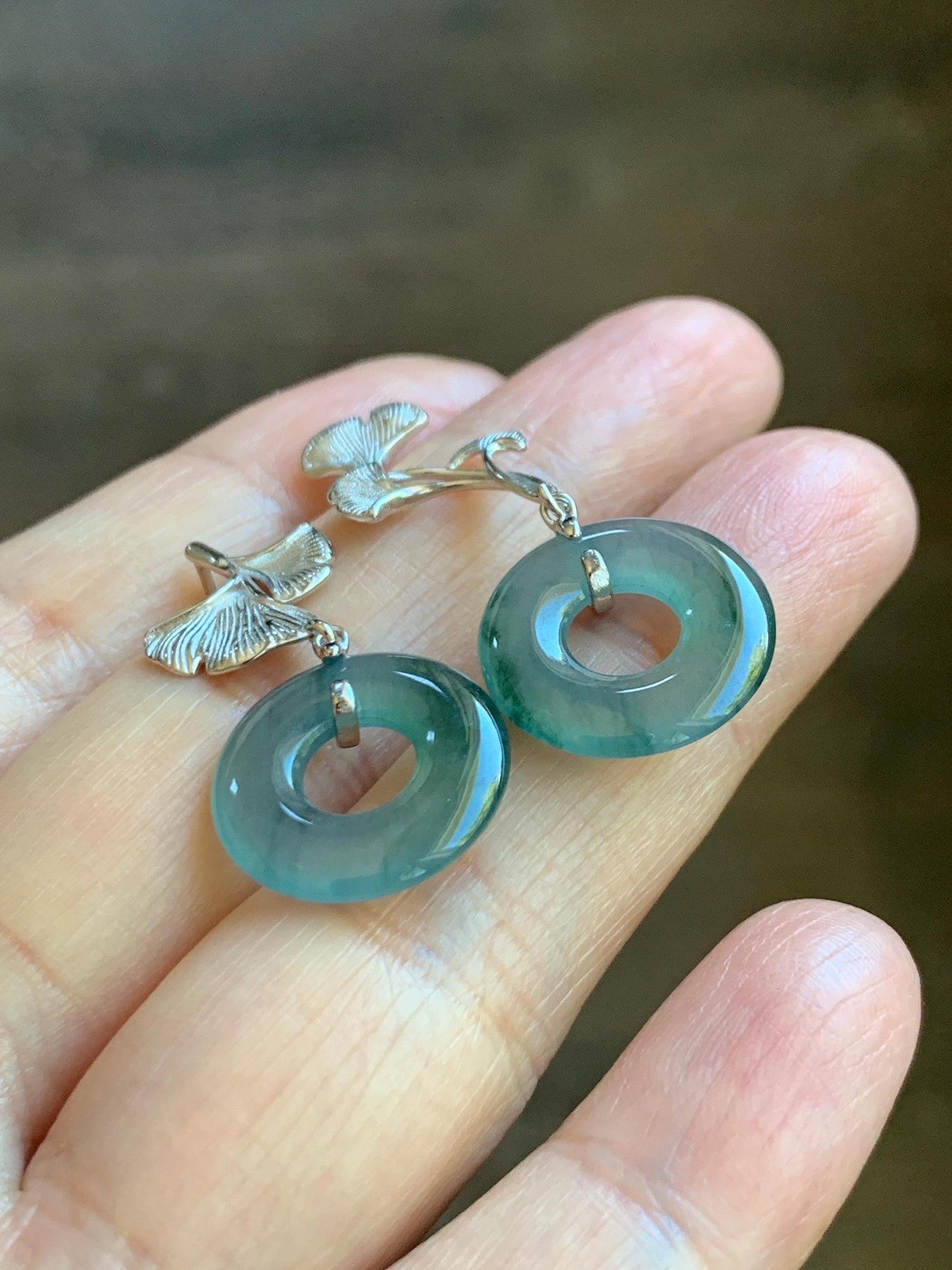 Natural Guatemalan Icy Translucent Light Teal Green Marbled Jadeite Ping An Kou Donut Stud Earrings Sterling Silver 天然冰危蓝绿翡翠平安扣银杏叶耳钉 WYX110A