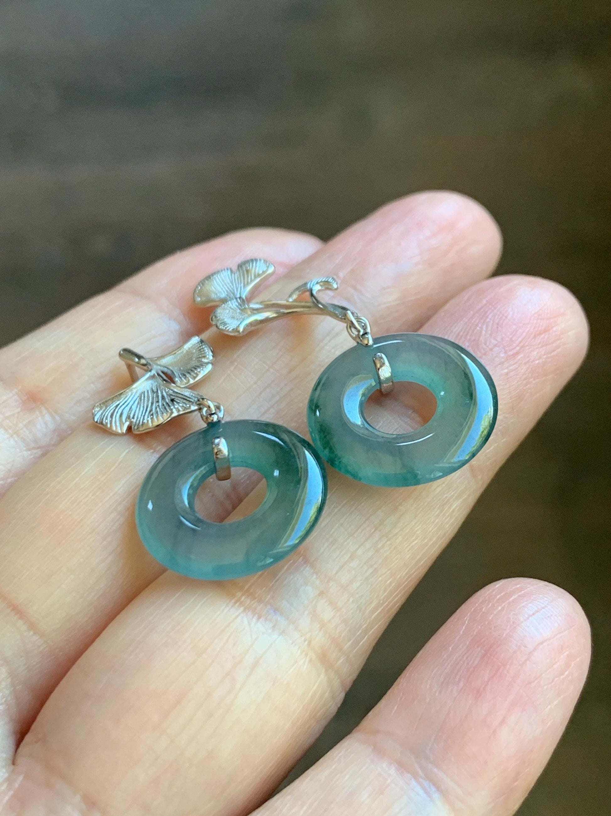 Natural Guatemalan Icy Translucent Light Teal Green Marbled Jadeite Ping An Kou Donut Stud Earrings Sterling Silver 天然冰危蓝绿翡翠平安扣银杏叶耳钉 WYX110A