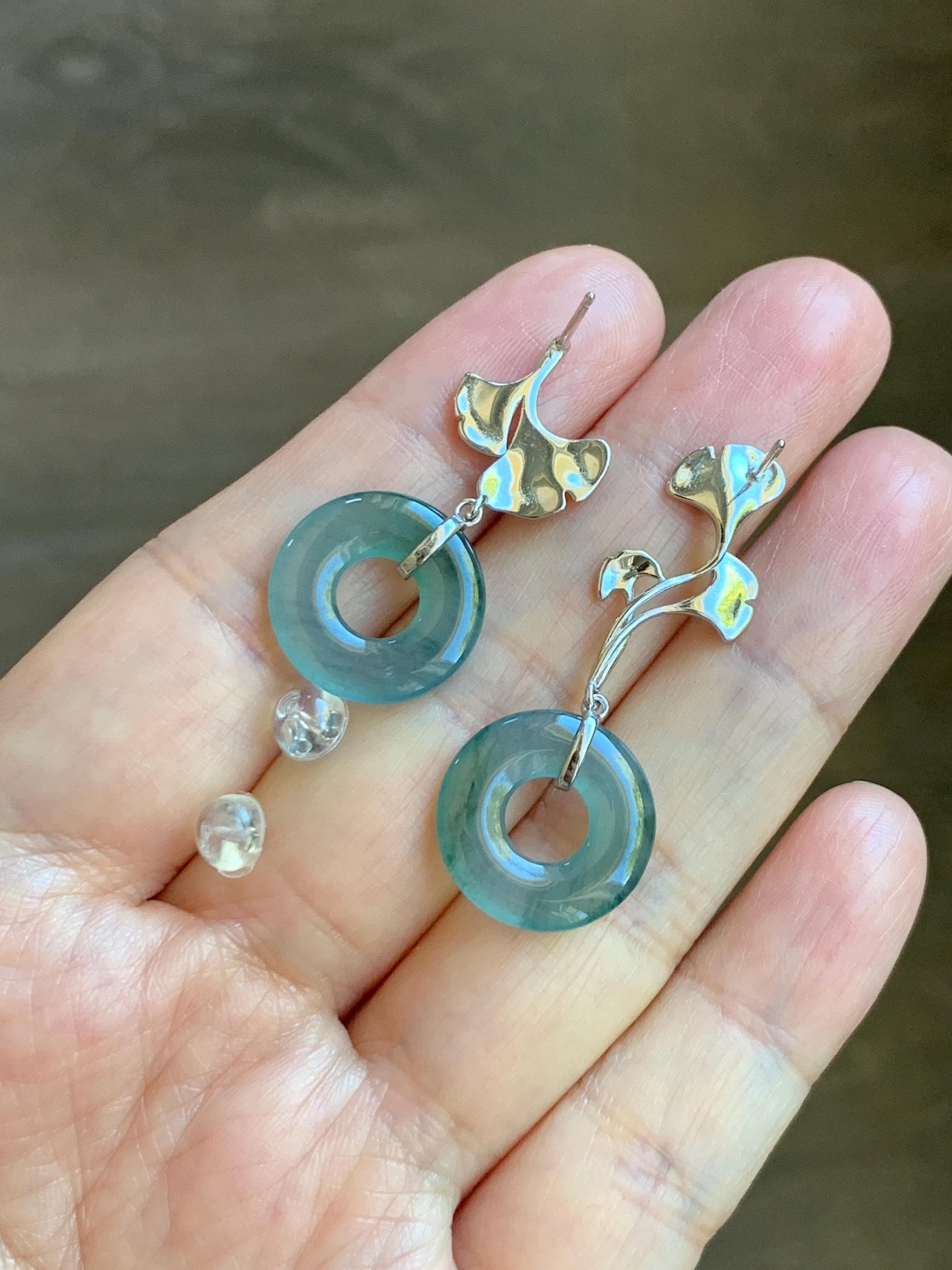 Natural Guatemalan Icy Translucent Light Teal Green Marbled Jadeite Ping An Kou Donut Stud Earrings Sterling Silver 天然冰危蓝绿翡翠平安扣银杏叶耳钉 WYX110A