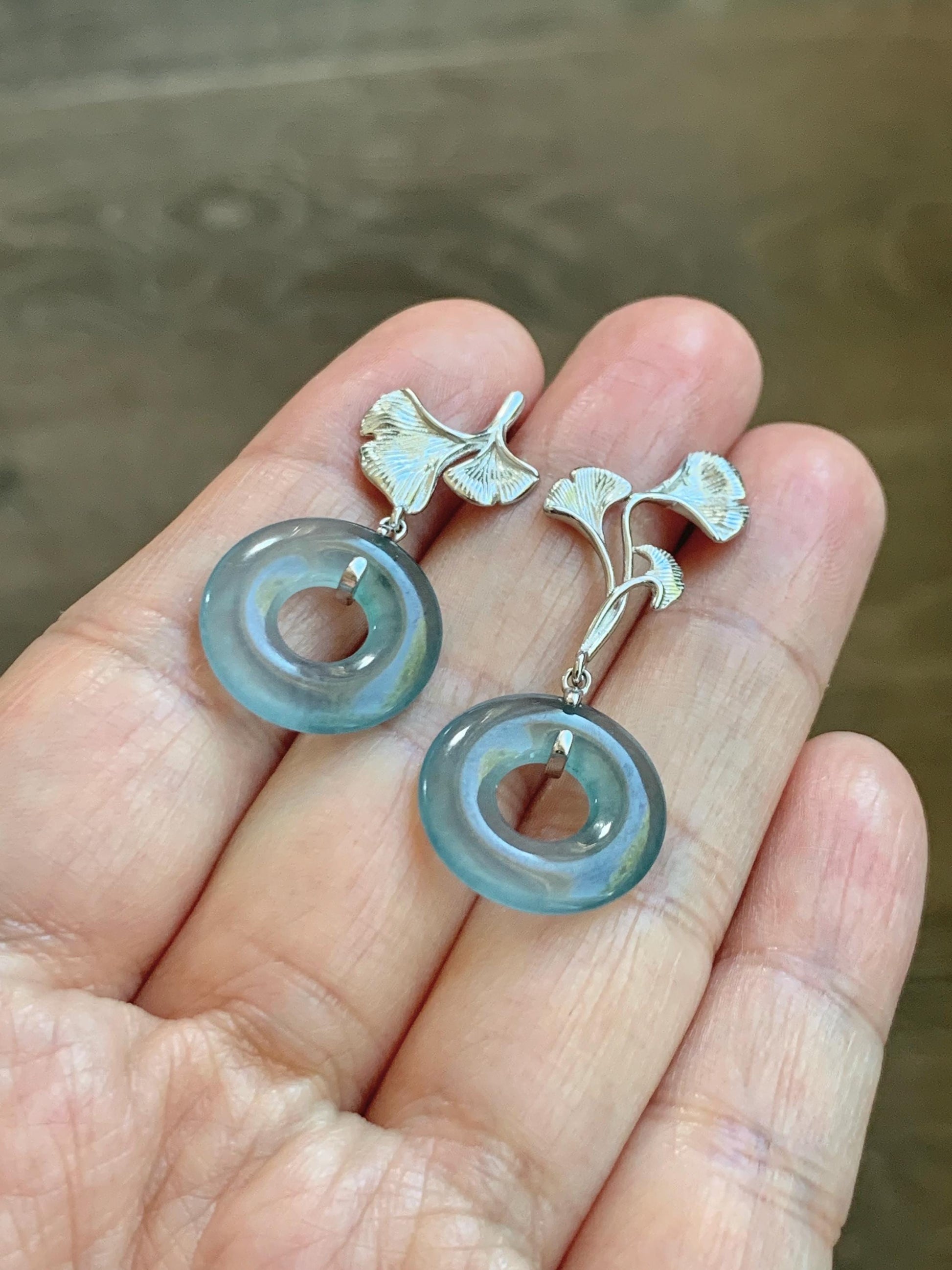 Natural Guatemalan Icy Translucent Light Teal Blue Jadeite Ping An Kou Donut Stud Earrings Sterling Silver 天然冰危蓝绿翡翠平安扣银杏叶耳钉 WYX110B