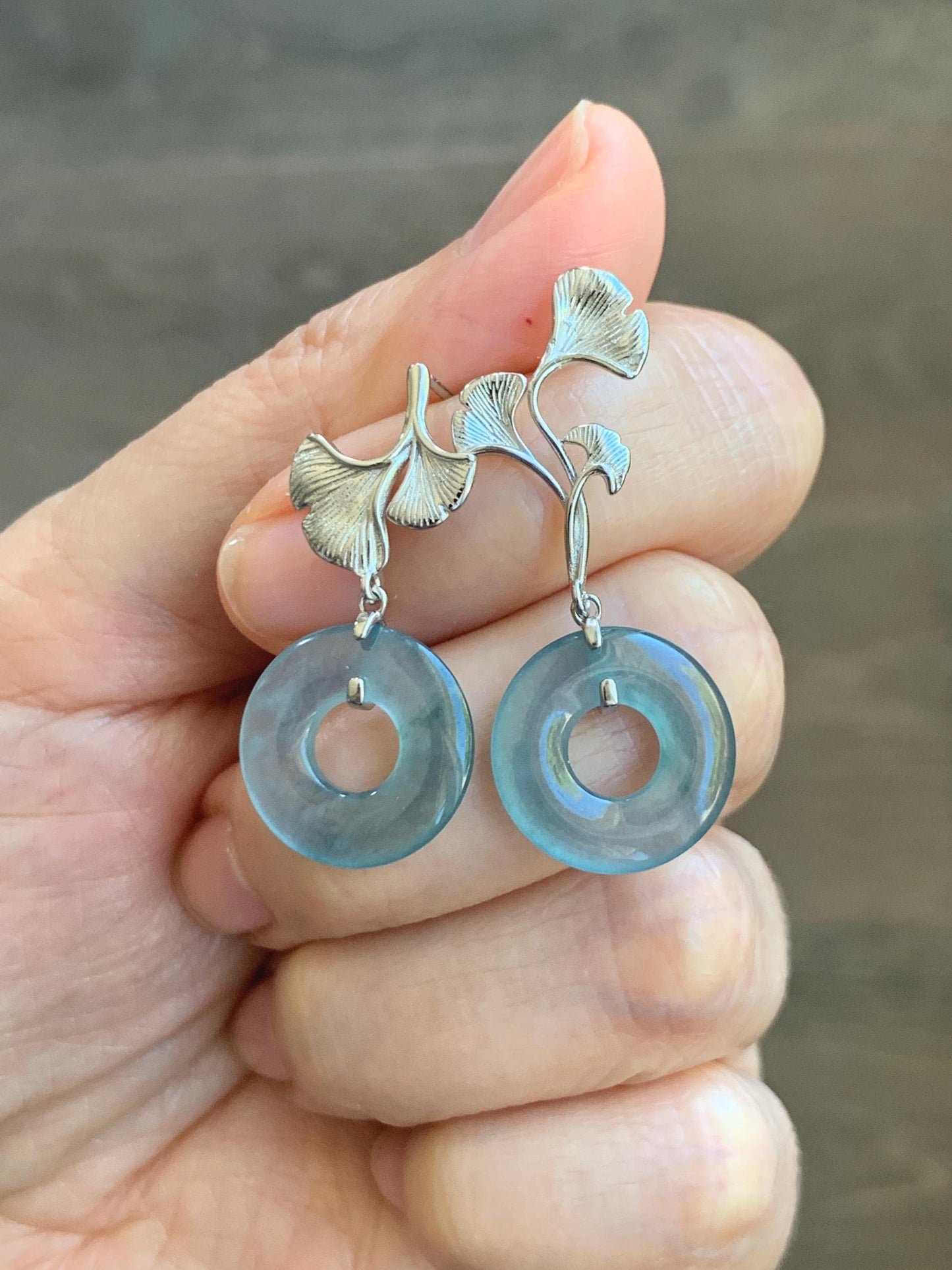 Natural Guatemalan Icy Translucent Light Teal Blue Jadeite Ping An Kou Donut Stud Earrings Sterling Silver 天然冰危蓝绿翡翠平安扣银杏叶耳钉 WYX110B