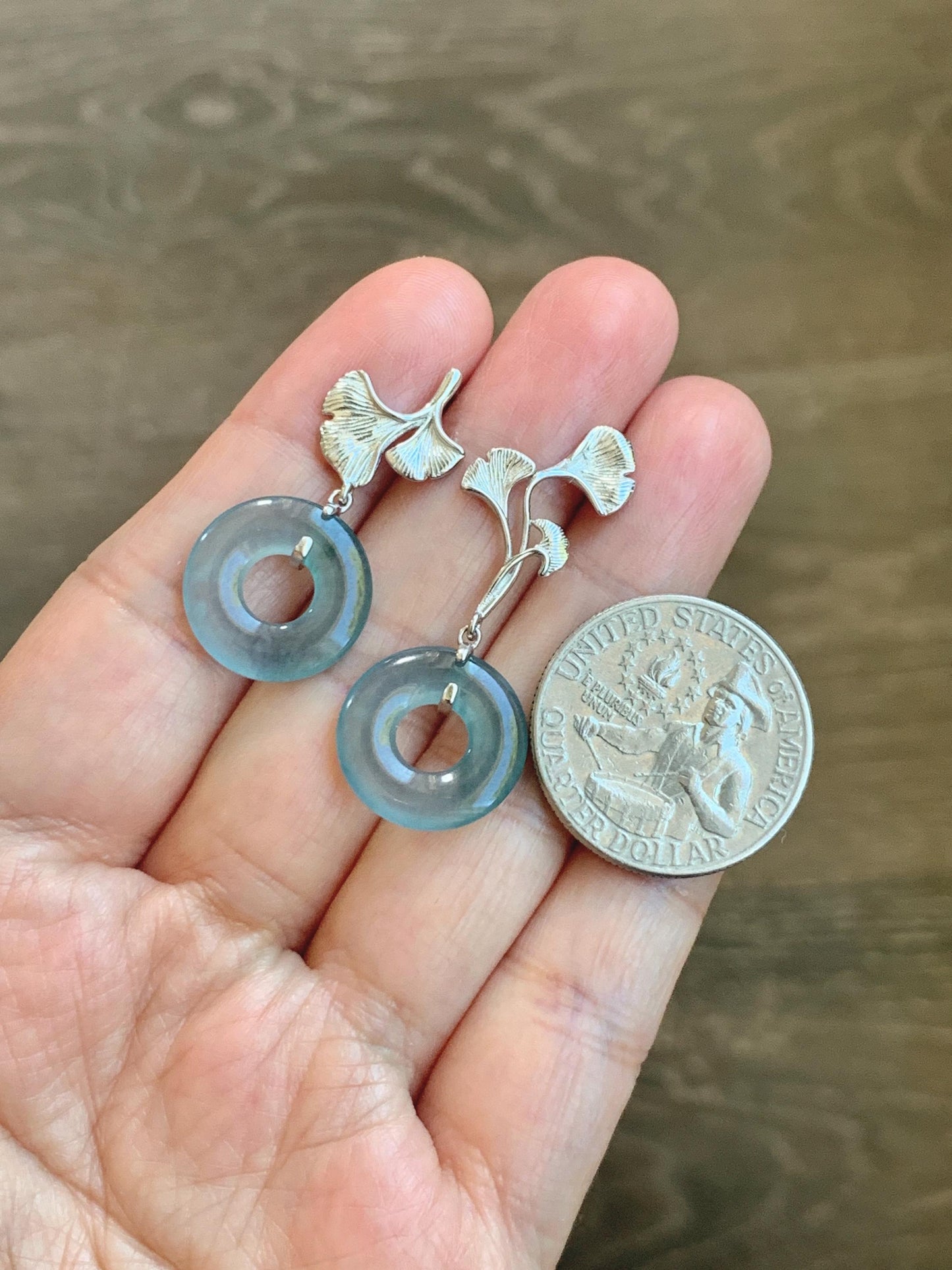 Natural Guatemalan Icy Translucent Light Teal Blue Jadeite Ping An Kou Donut Stud Earrings Sterling Silver 天然冰危蓝绿翡翠平安扣银杏叶耳钉 WYX110B