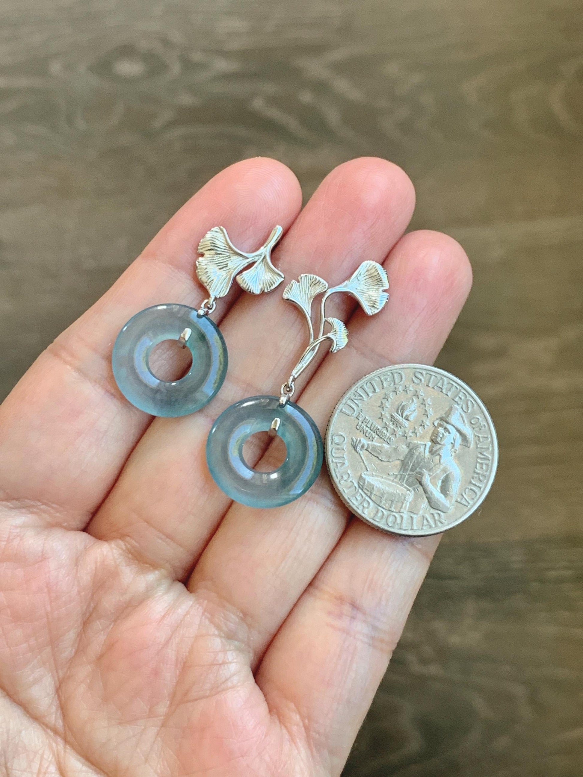 Natural Guatemalan Icy Translucent Light Teal Blue Jadeite Ping An Kou Donut Stud Earrings Sterling Silver 天然冰危蓝绿翡翠平安扣银杏叶耳钉 WYX110B