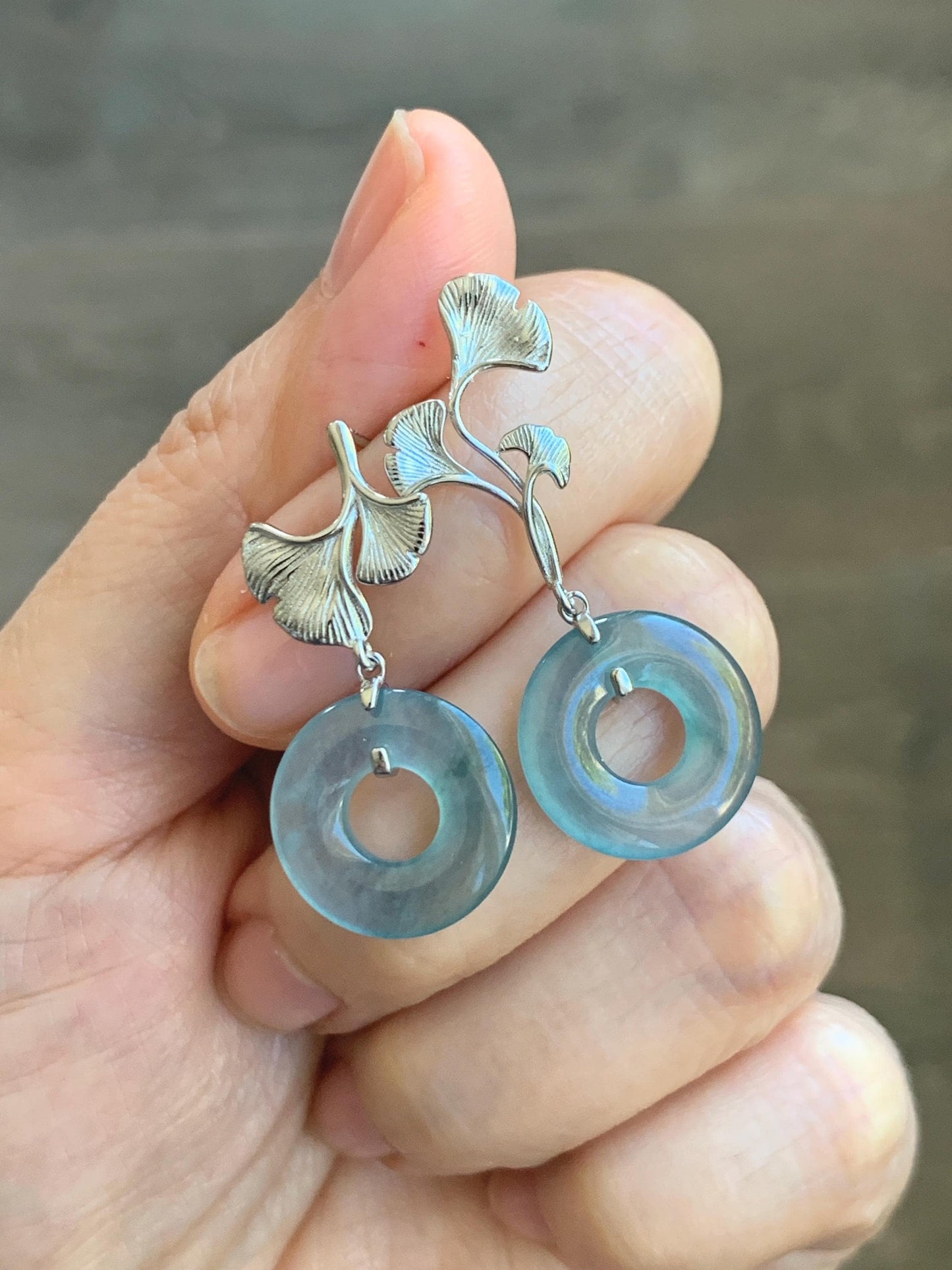 Natural Guatemalan Icy Translucent Light Teal Blue Jadeite Ping An Kou Donut Stud Earrings Sterling Silver 天然冰危蓝绿翡翠平安扣银杏叶耳钉 WYX110B