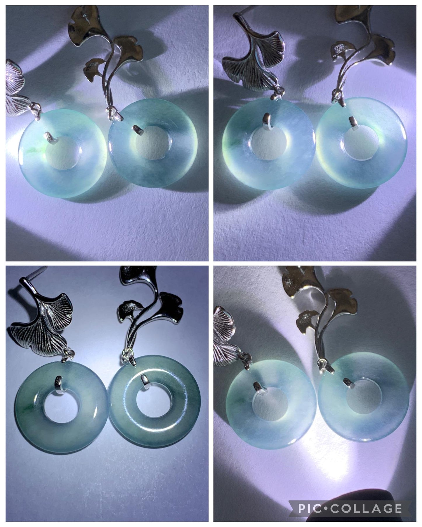 Natural Guatemalan Icy Translucent Light Teal Blue Jadeite Ping An Kou Donut Stud Earrings Sterling Silver 天然冰危蓝绿翡翠平安扣银杏叶耳钉 WYX110B