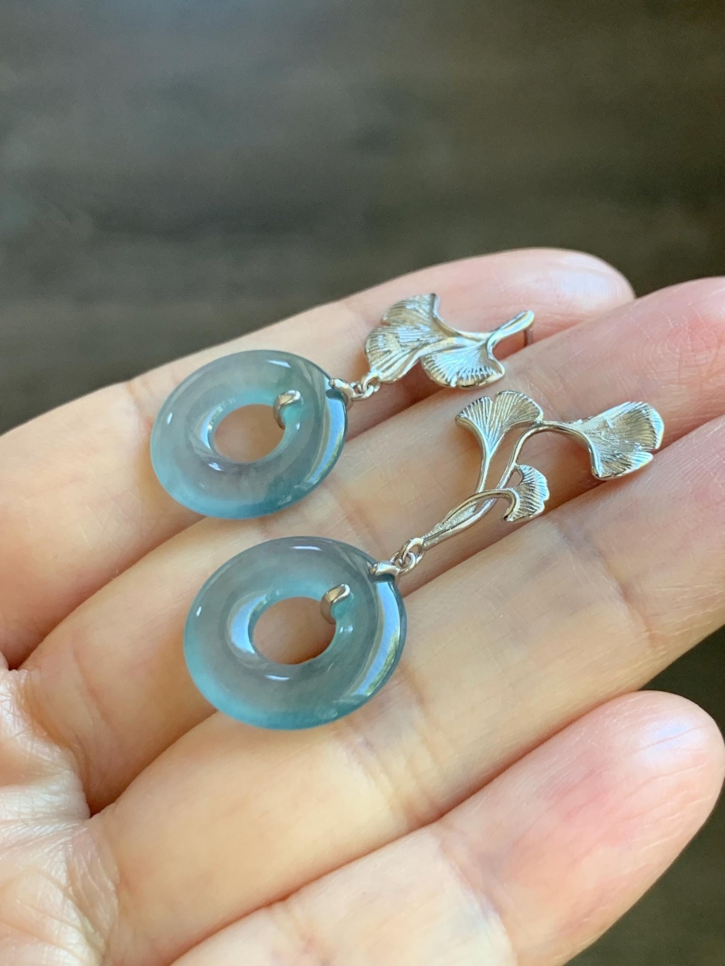 Natural Guatemalan Icy Translucent Light Teal Blue Jadeite Ping An Kou Donut Stud Earrings Sterling Silver 天然冰危蓝绿翡翠平安扣银杏叶耳钉 WYX110B