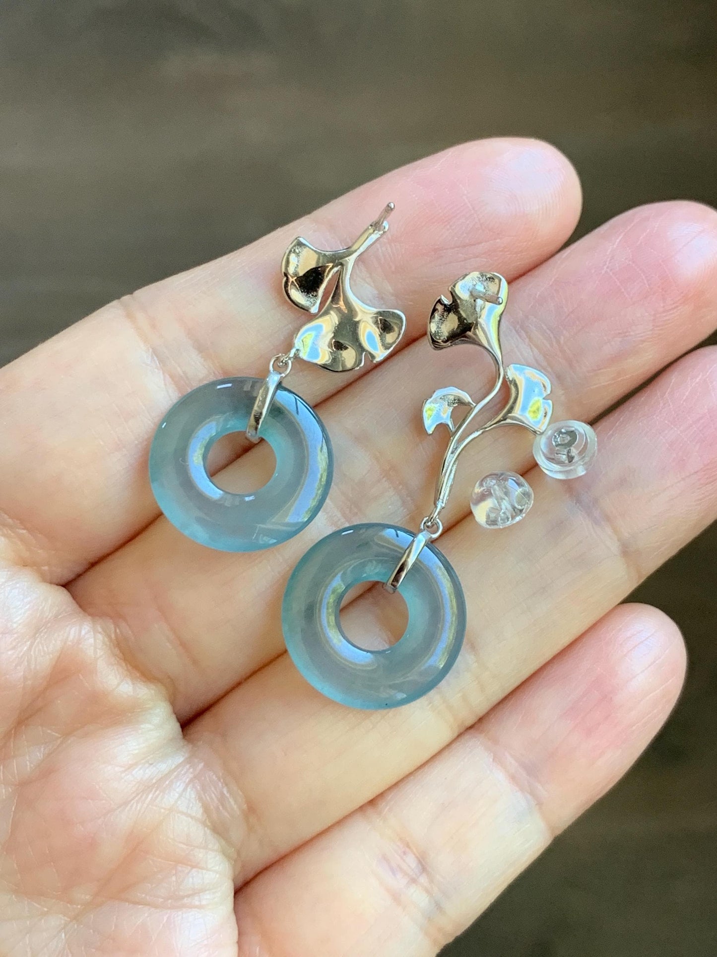 Natural Guatemalan Icy Translucent Light Teal Blue Jadeite Ping An Kou Donut Stud Earrings Sterling Silver 天然冰危蓝绿翡翠平安扣银杏叶耳钉 WYX110B