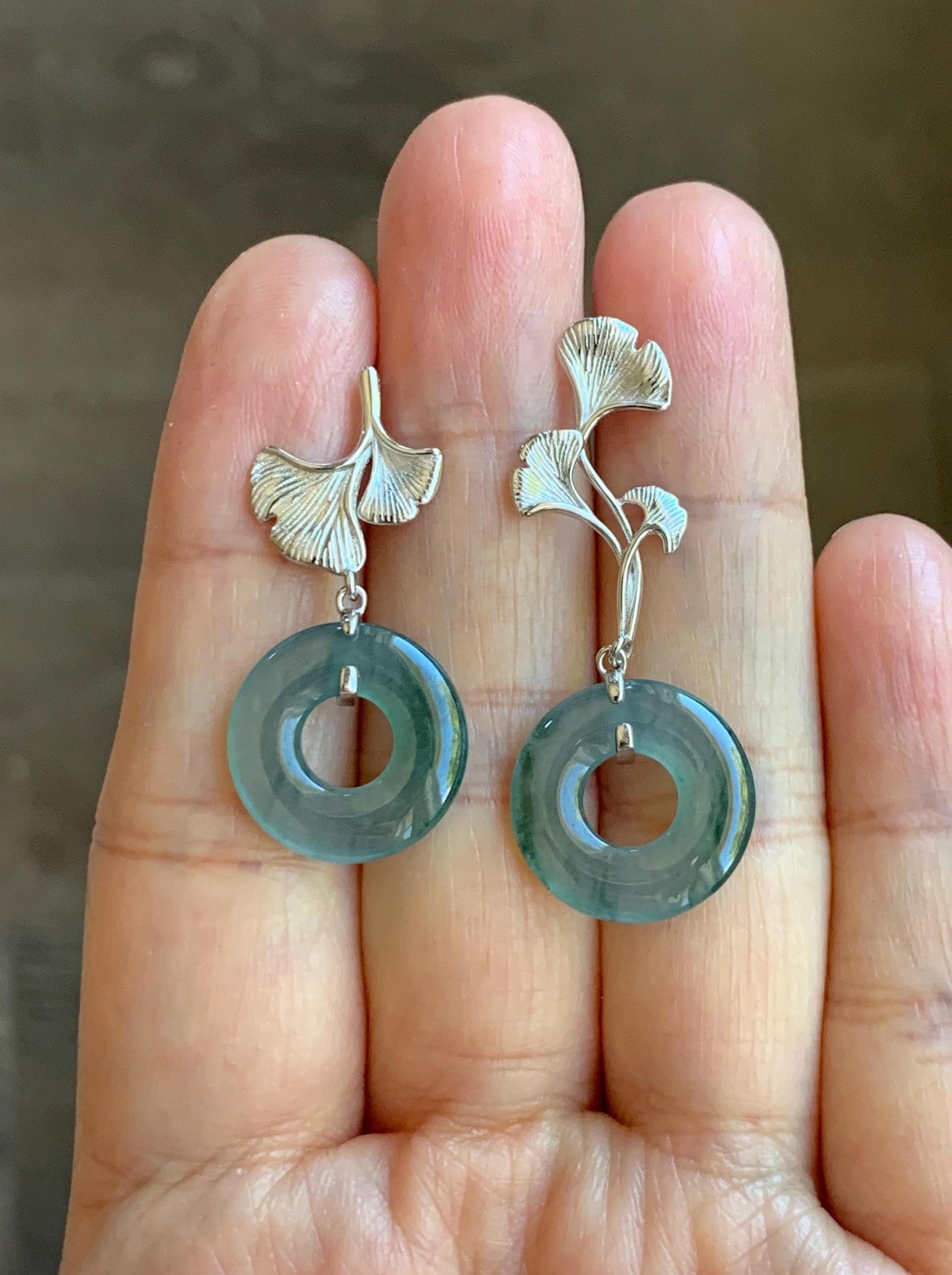 Natural Guatemalan Icy Translucent Light Teal Green Marbled Jadeite Ping An Kou Donut Stud Earrings Sterling Silver 天然冰危蓝绿翡翠平安扣银杏叶耳钉 WYX110A